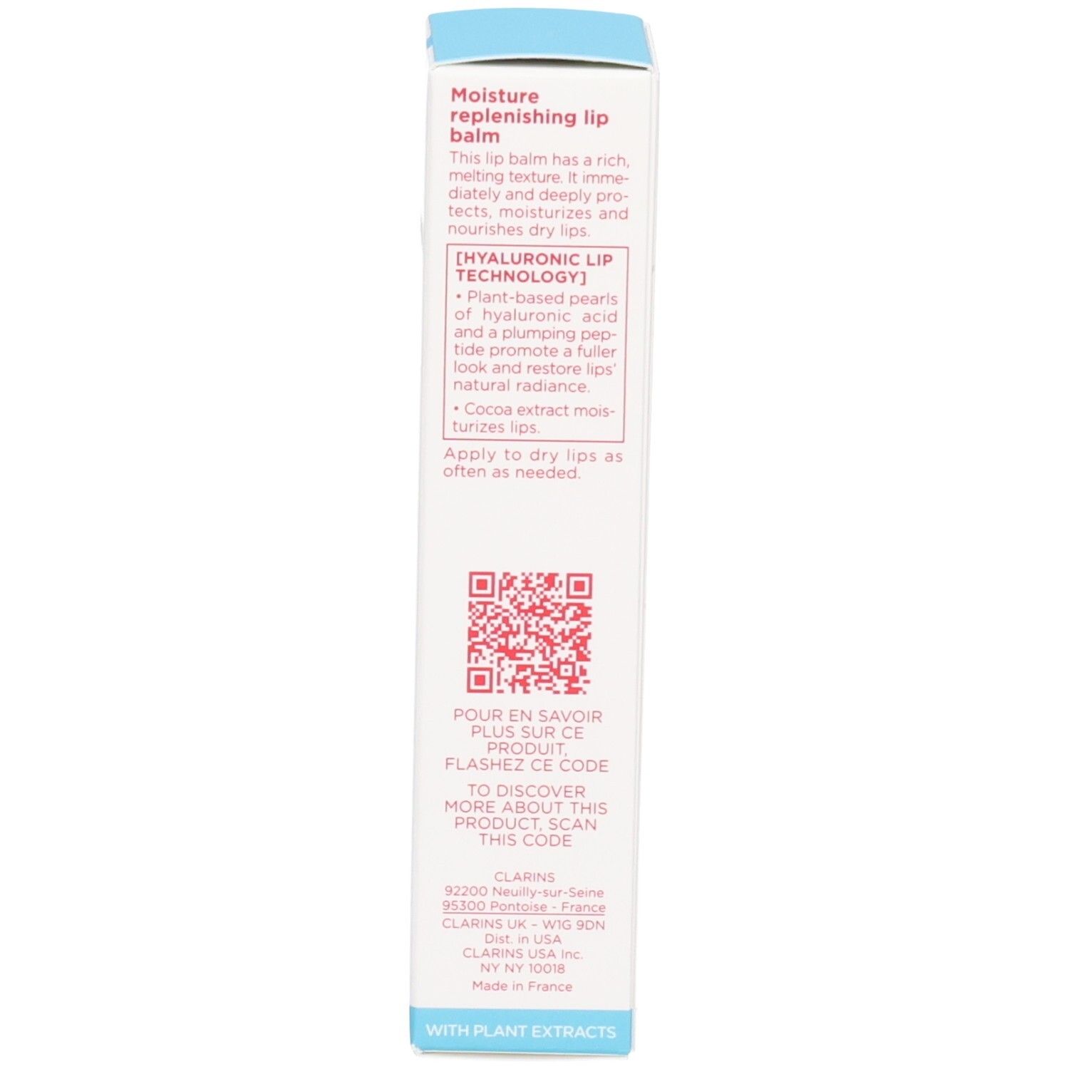 Seite der Clarins Hydra-Essentiel Lippenbalsam Faltschachtel mit Anwendungshinweisen.