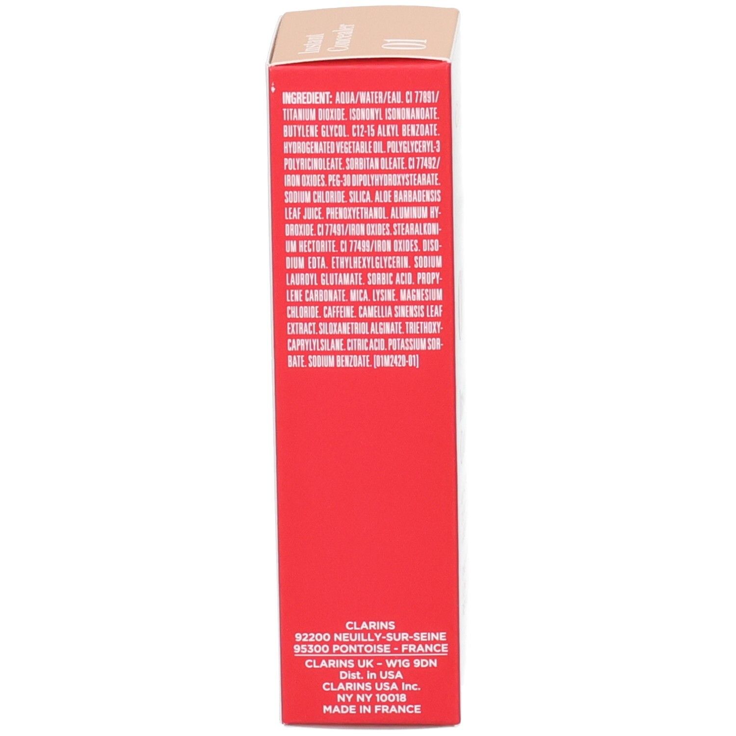 Clarins Instant Concealer 01, Seite der Verpackung mit Inhaltsstoffen.
