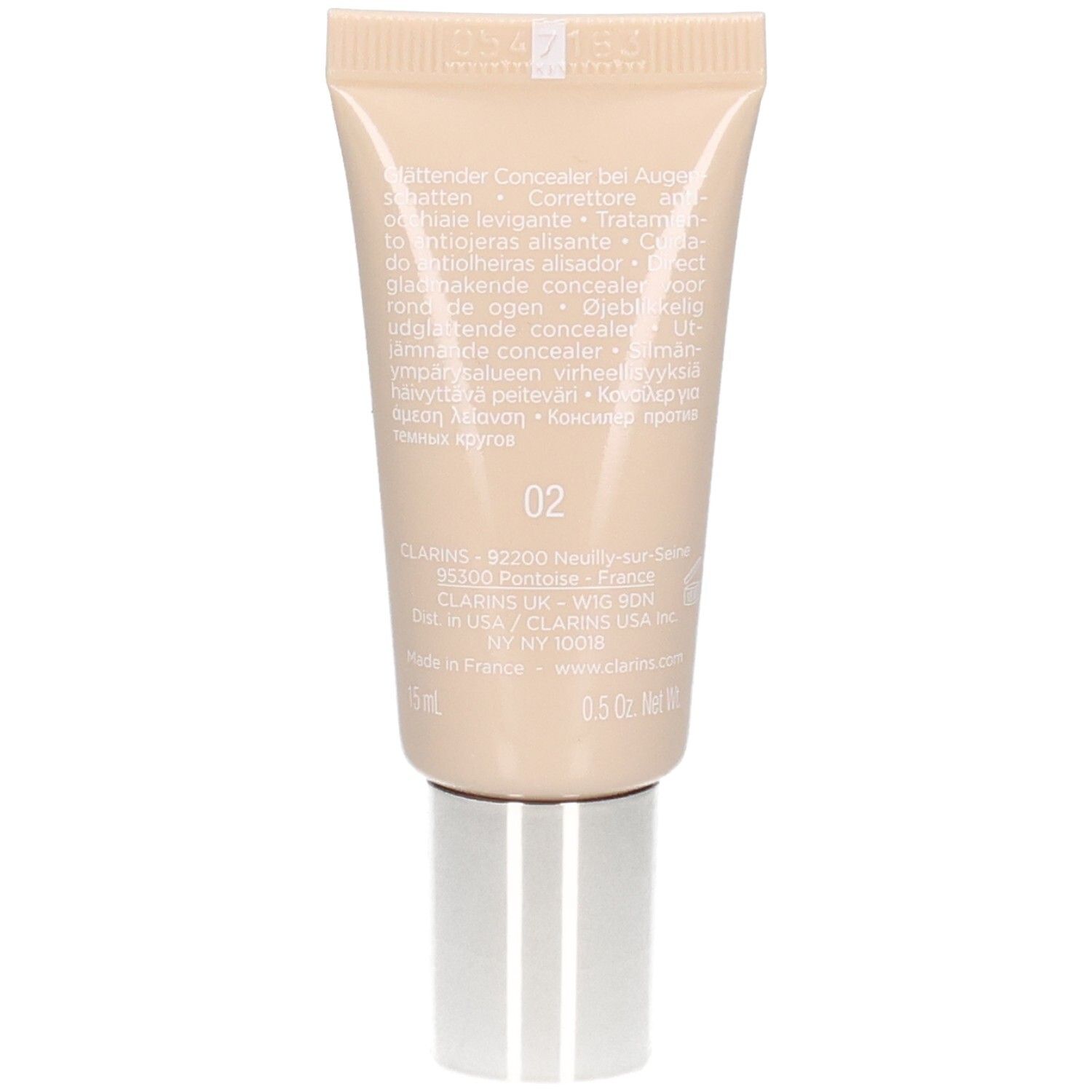 Beige Concealer-Tube mit silbernem Verschluss. Nummer 02.