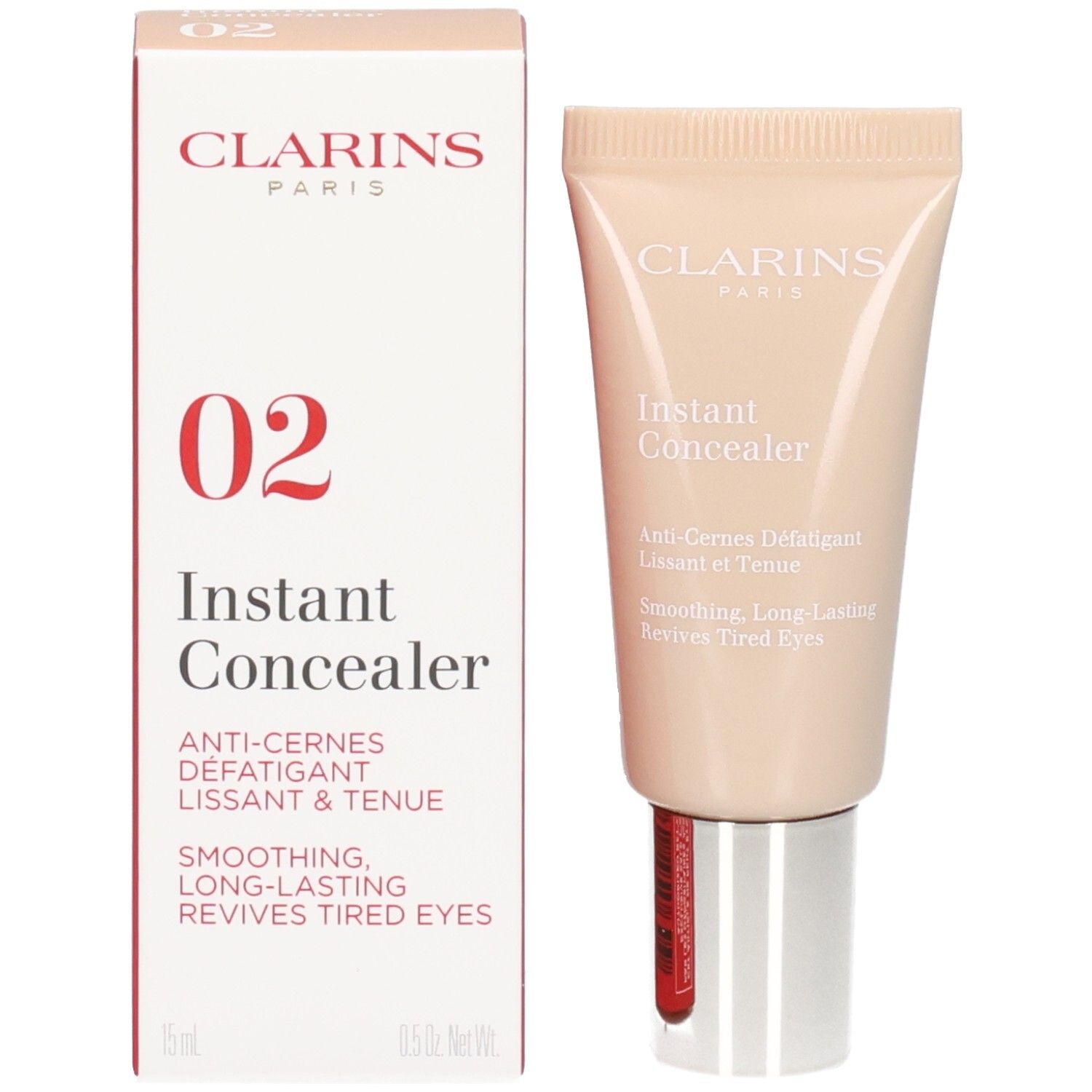Clarins Instant Concealer, Farbton 02, in einer Tube mit silbernem Verschluss und Umverpackung.