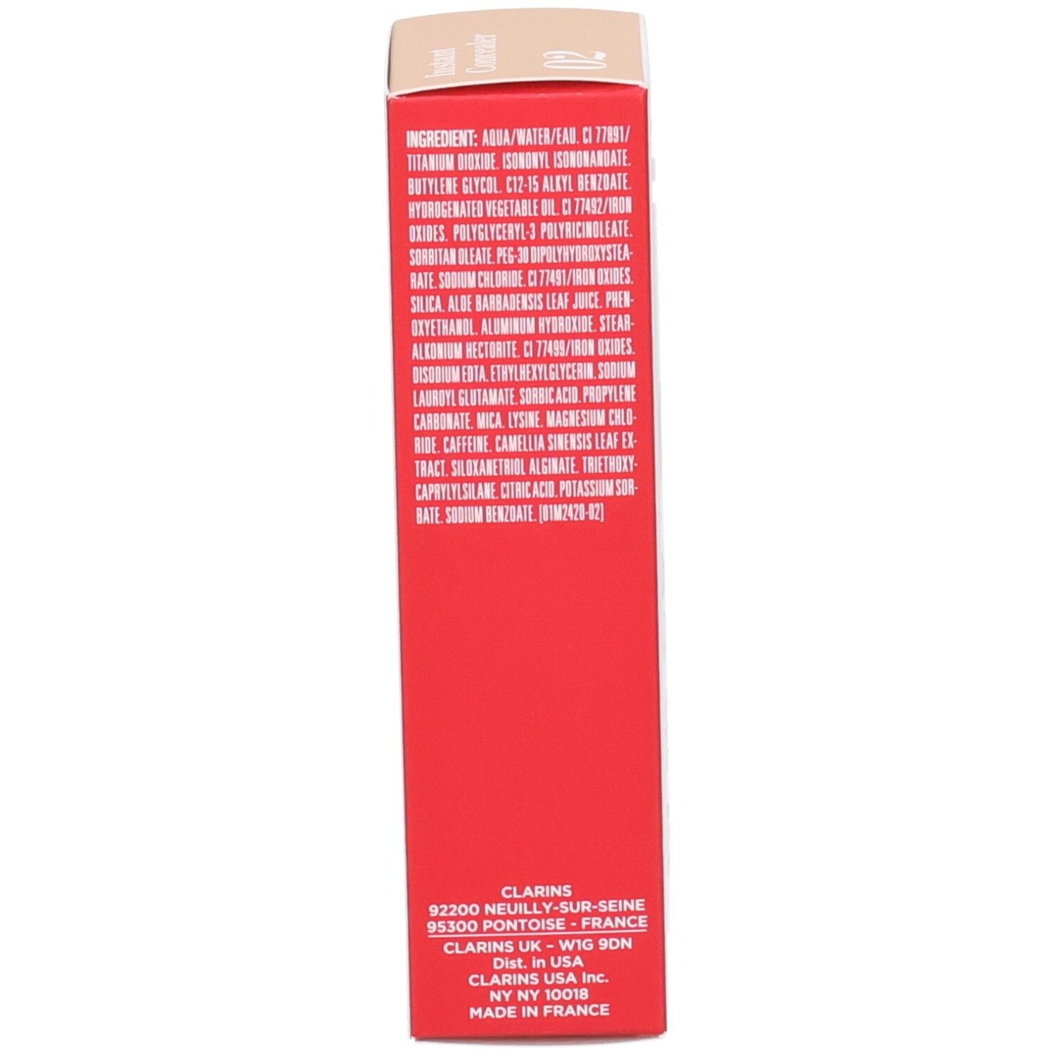 Rote Verpackung mit Inhaltsstoffen und Adressangaben von Clarins.