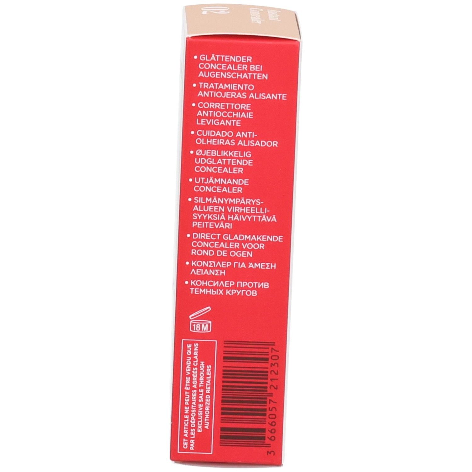 Rote Verpackung mit mehrsprachigen Produktbeschreibungen und Barcode.