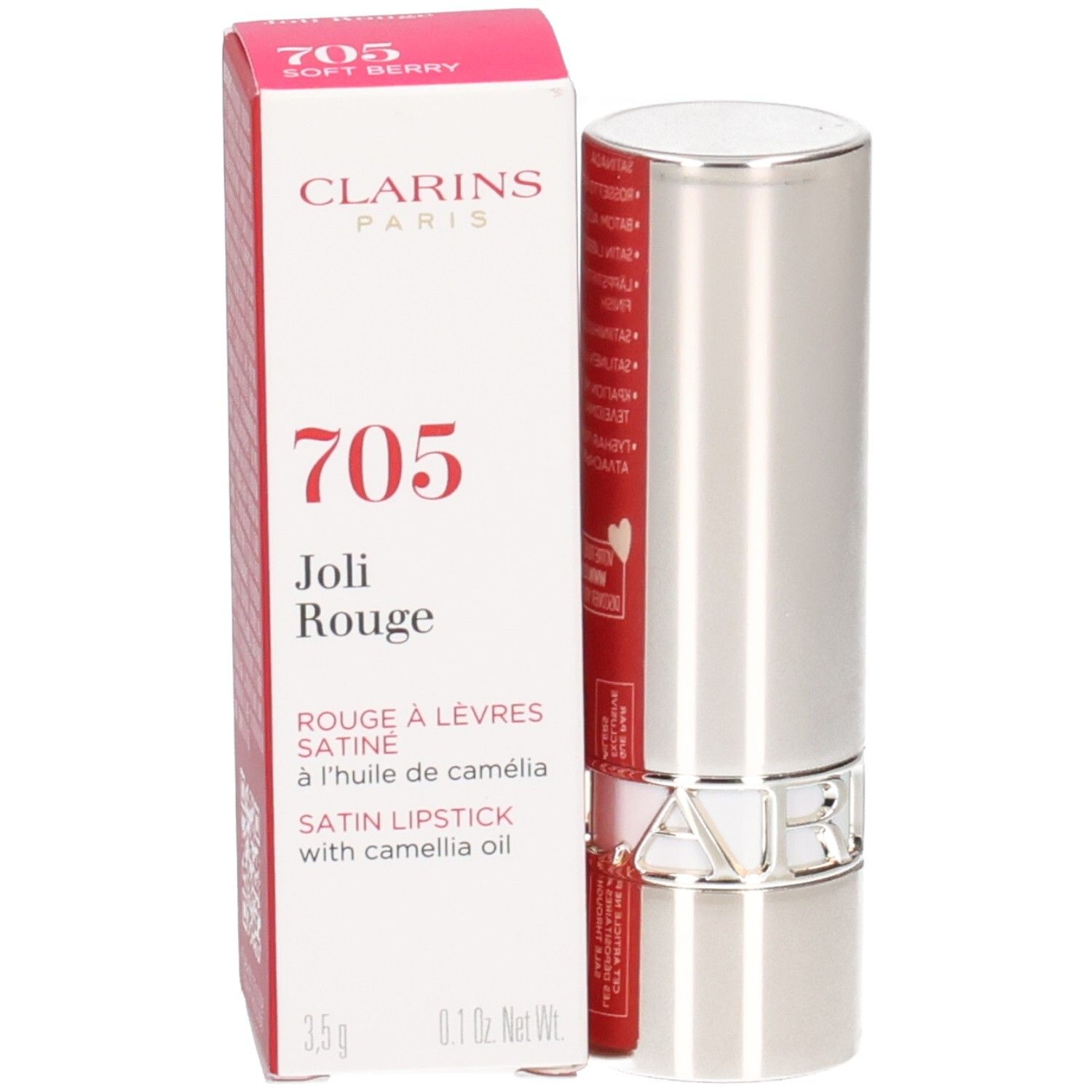 Clarins Joli Rouge Satin Lippenstift 705 Soft Berry in silberner Hülse mit Verpackung.