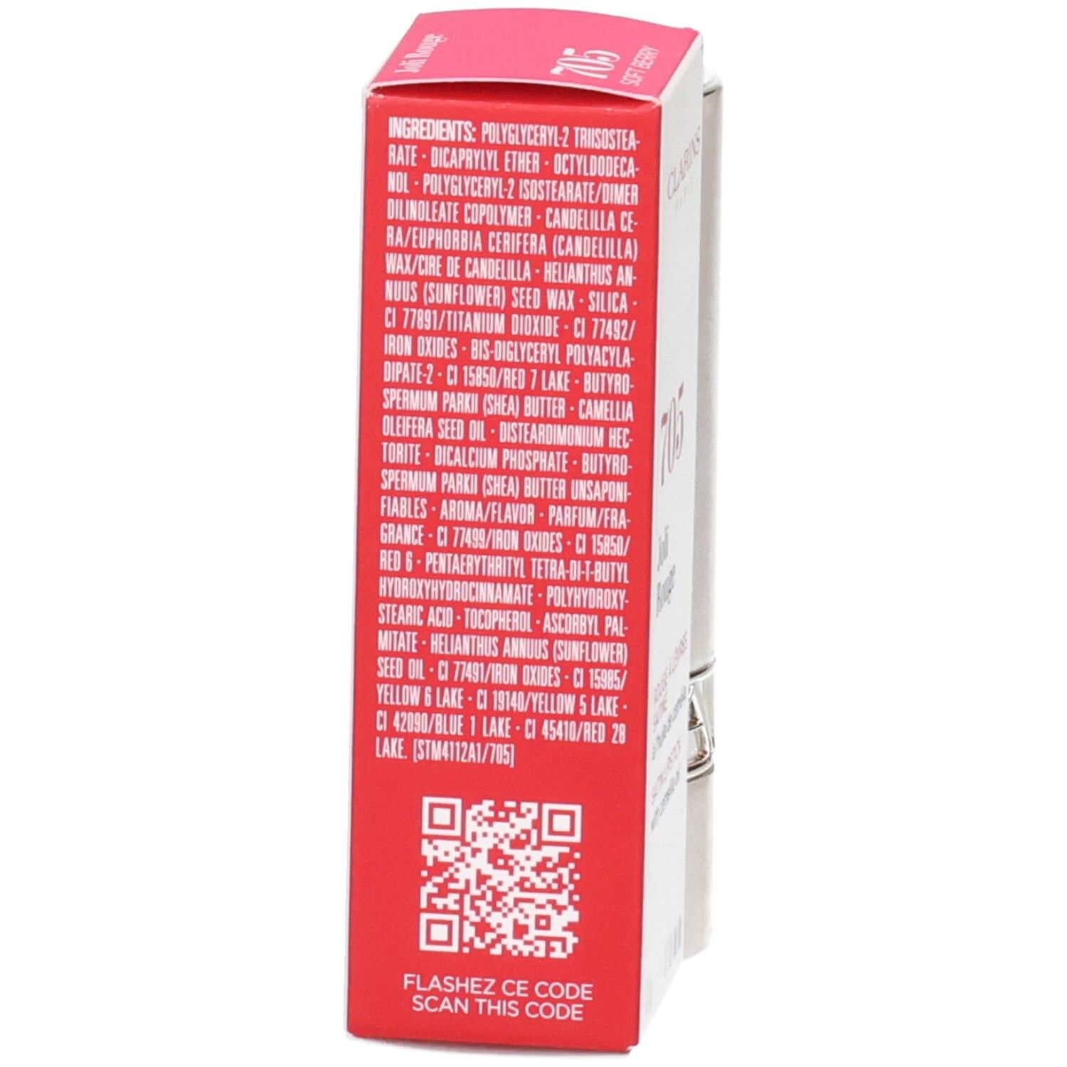 Rückseite der Clarins Joli Rouge Satin Lippenstiftverpackung mit Inhaltsstoffen und QR-Code.