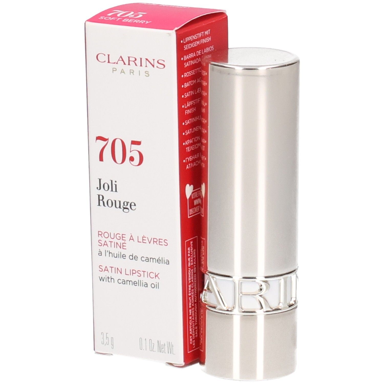 Clarins Joli Rouge Satin Lippenstift 705 Soft Berry in silberner Hülse mit Verpackung.