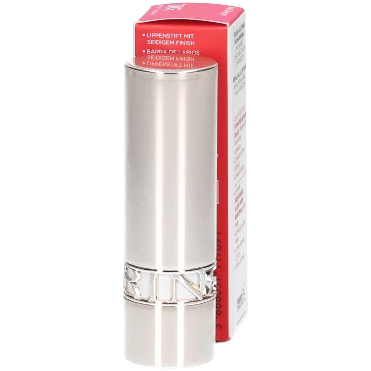 Clarins Joli Rouge Satin Lippenstift 705 Soft Berry in silberner Hülse, Seitenansicht.