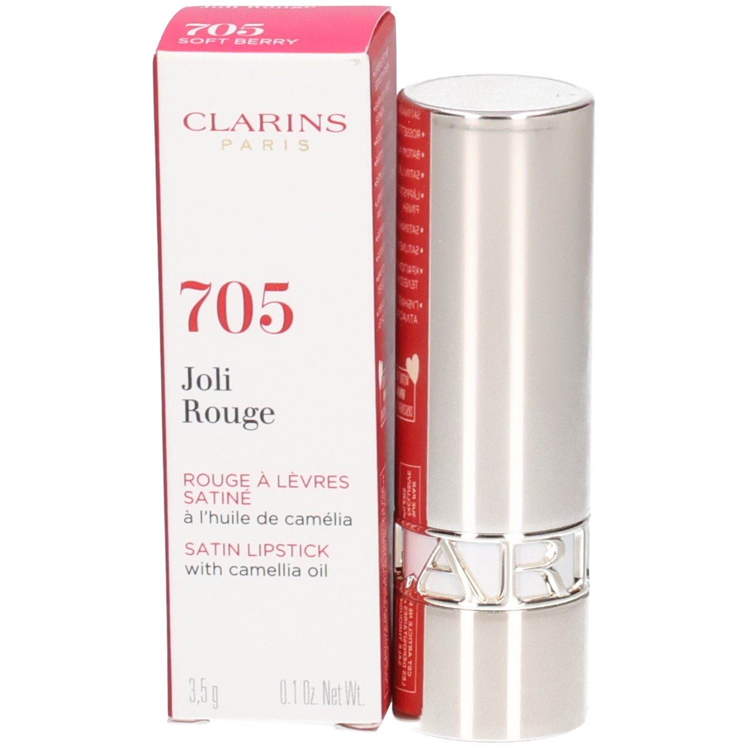 Clarins Joli Rouge Satin Lippenstift 705 Soft Berry in silberner Hülse mit Verpackung.