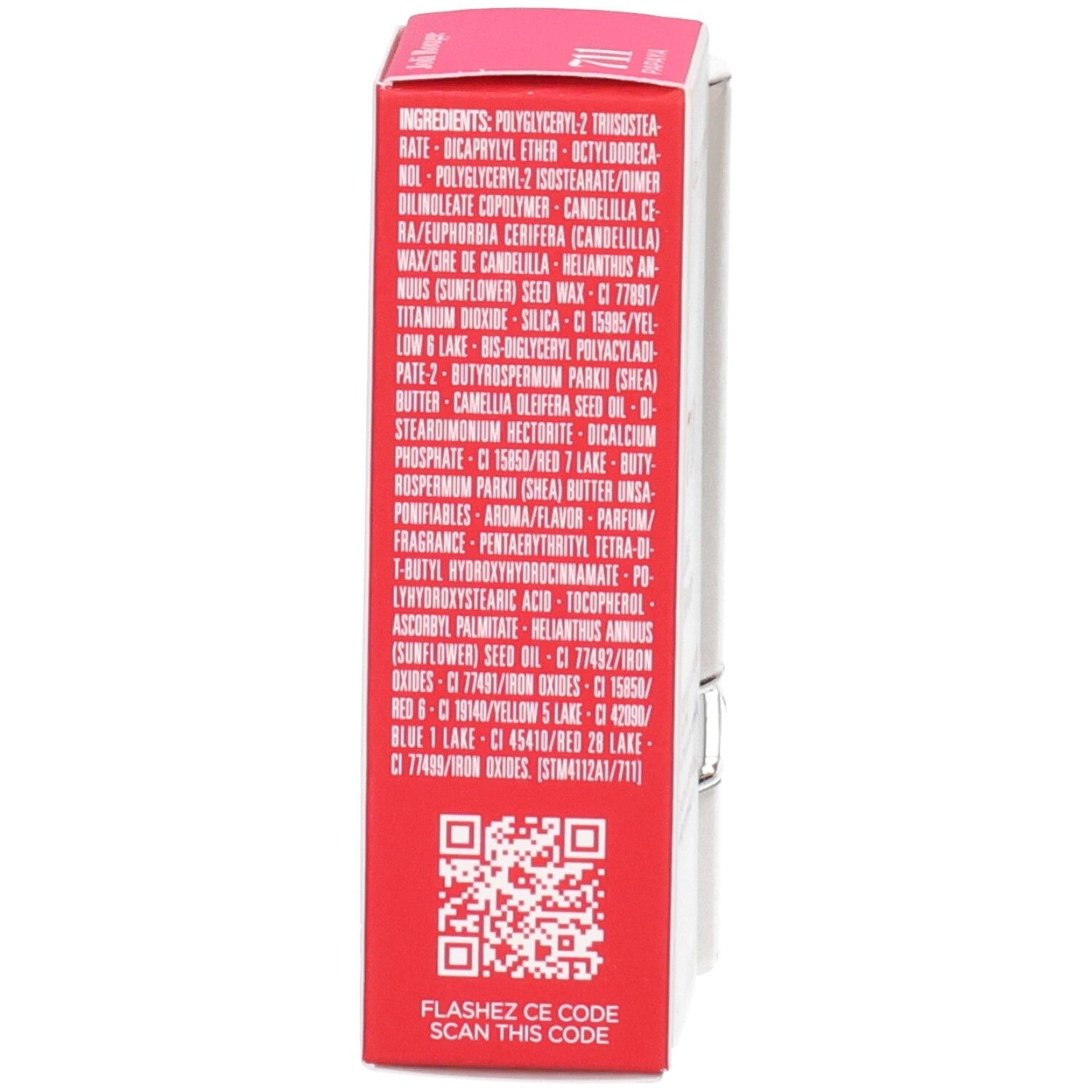 Clarins Joli Rouge Satin Lippenstift 711 Papaya, Umverpackung mit Inhaltsstoffen.
