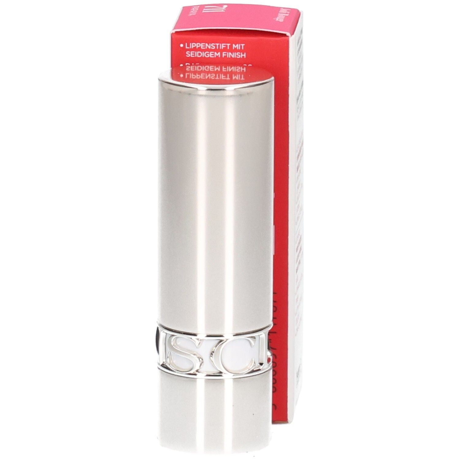 Clarins Joli Rouge Satin Lippenstift 711 Papaya, silberner Hülse mit Umverpackung.