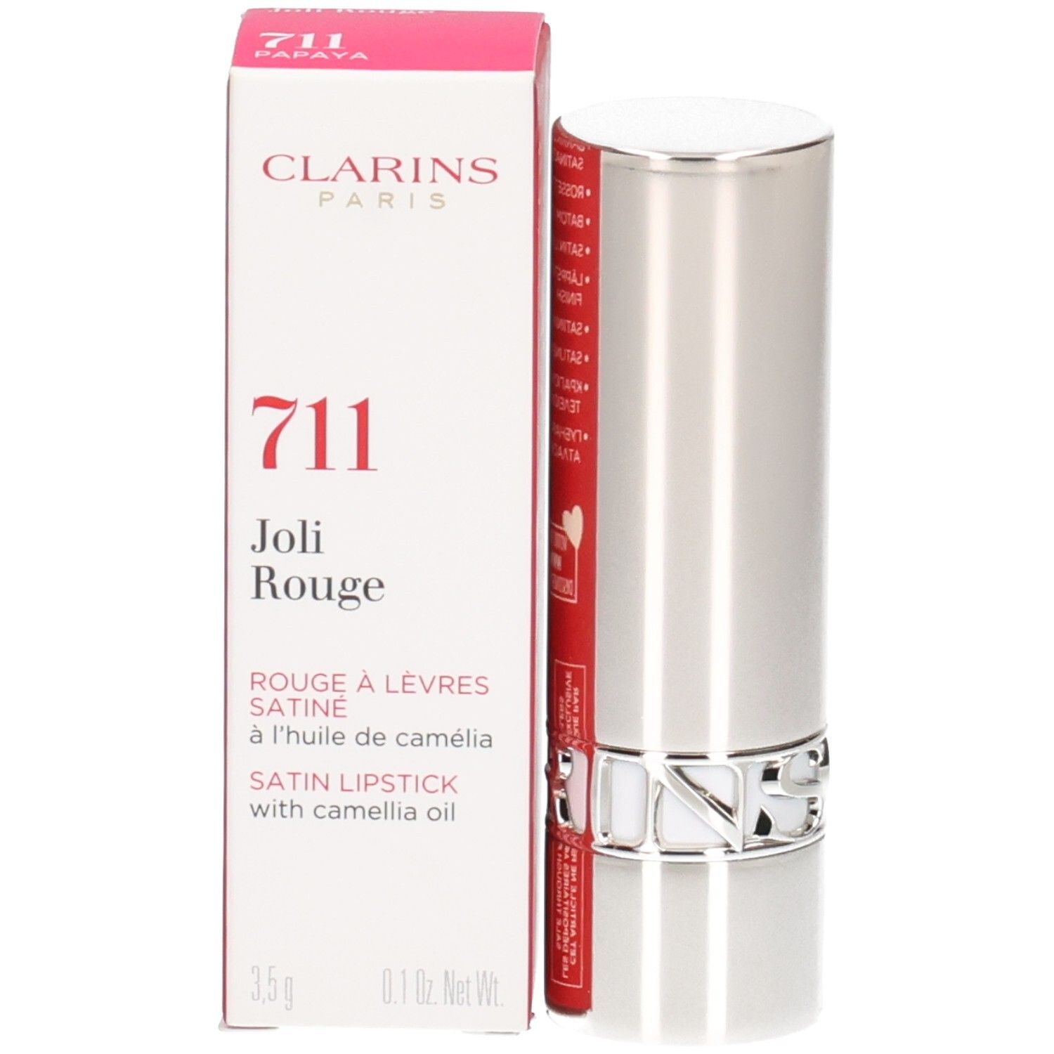 Clarins Joli Rouge Satin Lippenstift 711 Papaya in silberner Hülse mit Umverpackung.