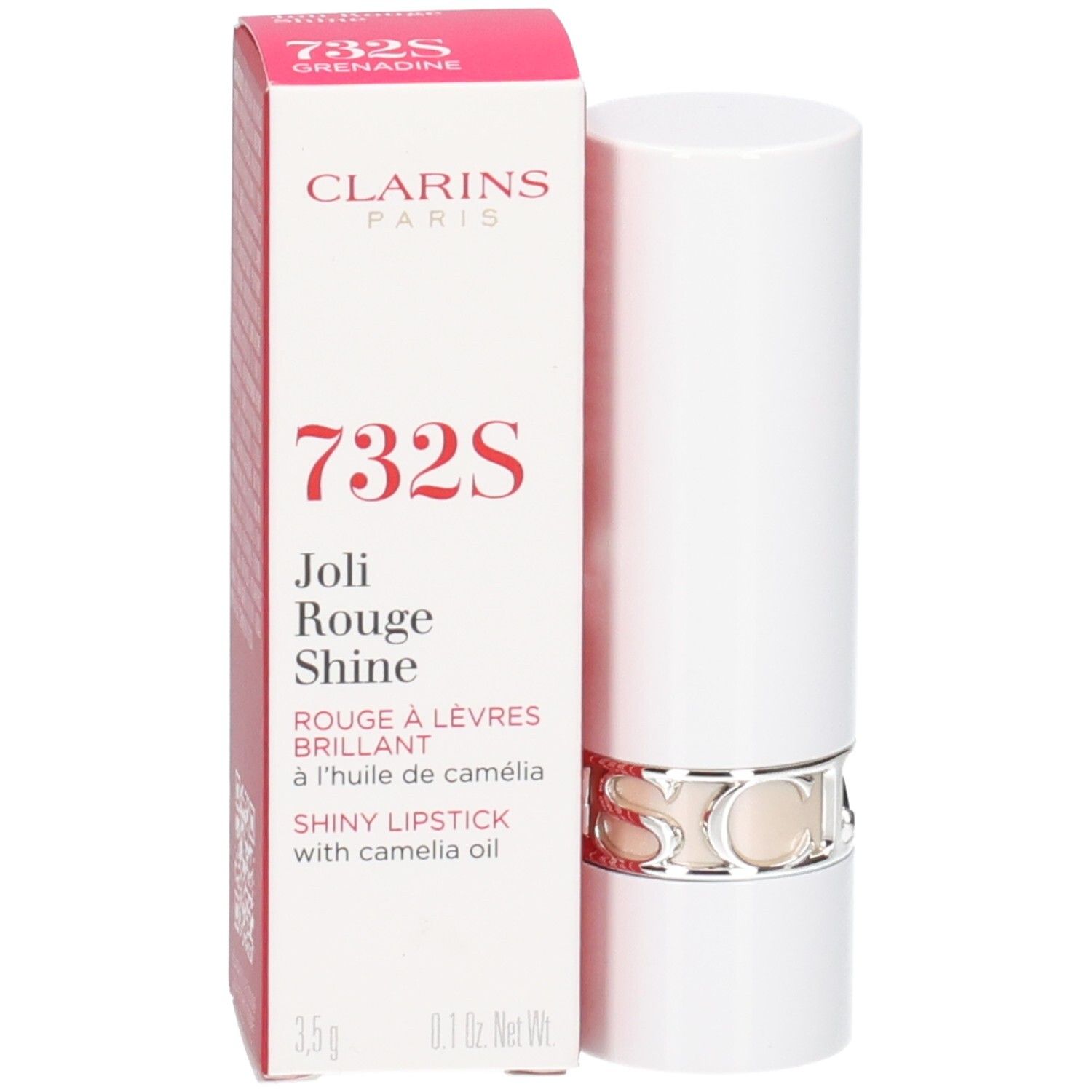 Clarins Joli Rouge Satin Lippenstift 732S Grenadine in weißer Verpackung.