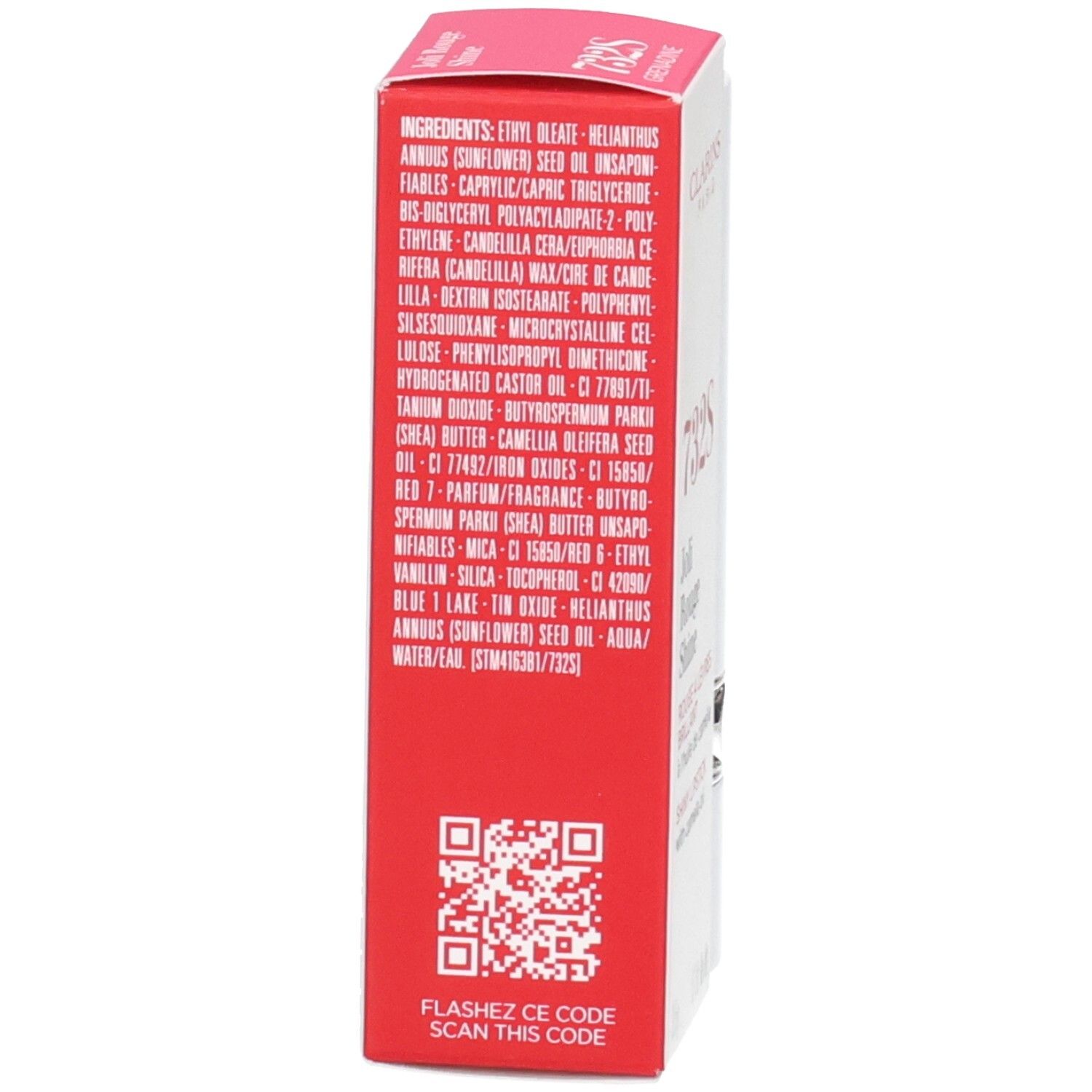 Clarins Joli Rouge Satin Lippenstift 732S Grenadine, Rückseite der Verpackung mit Inhaltsstoffen.