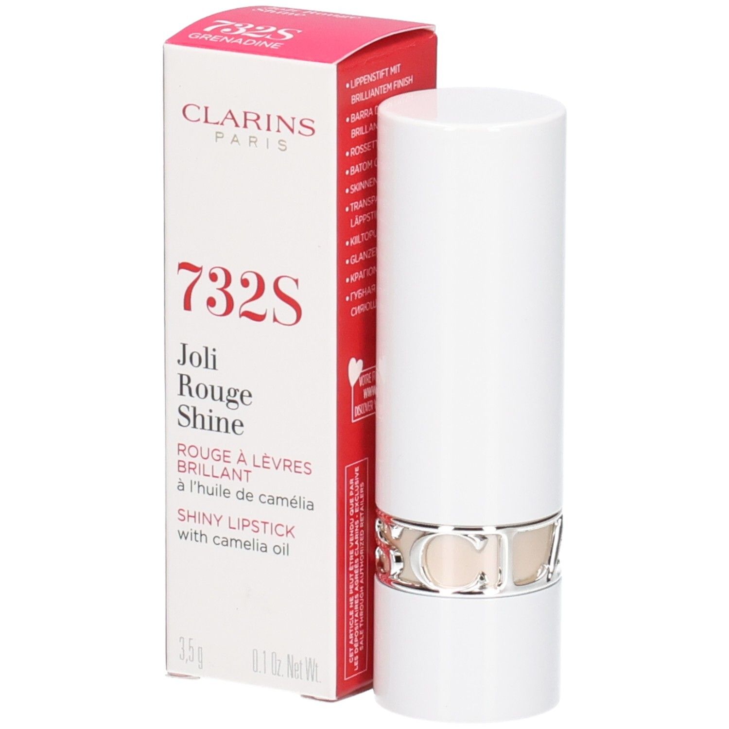 Clarins Joli Rouge Satin Lippenstift 732S Grenadine, weißer Lippenstifttiegel mit silbernem Ring.