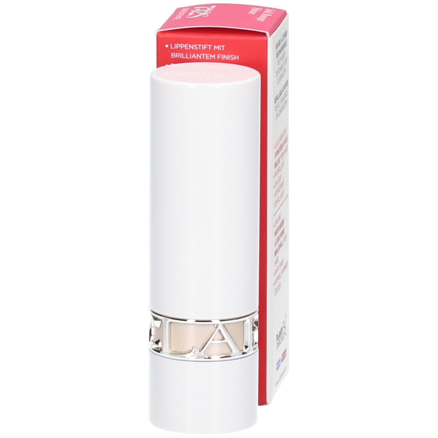Clarins Joli Rouge Satin Lippenstift 732S Grenadine, weißer Lippenstifttiegel mit silbernem Ring.