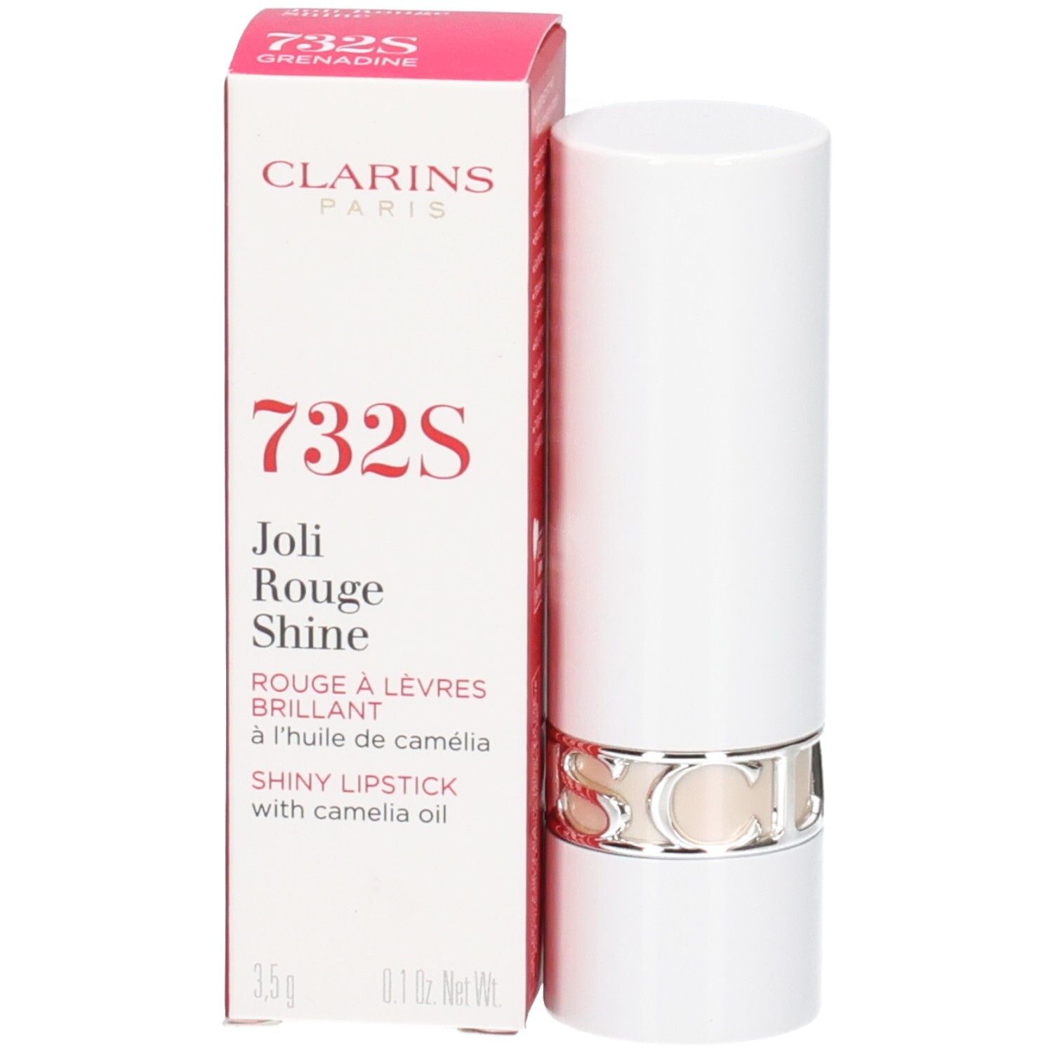 Clarins Joli Rouge Satin Lippenstift 732S Grenadine in weißer Verpackung.