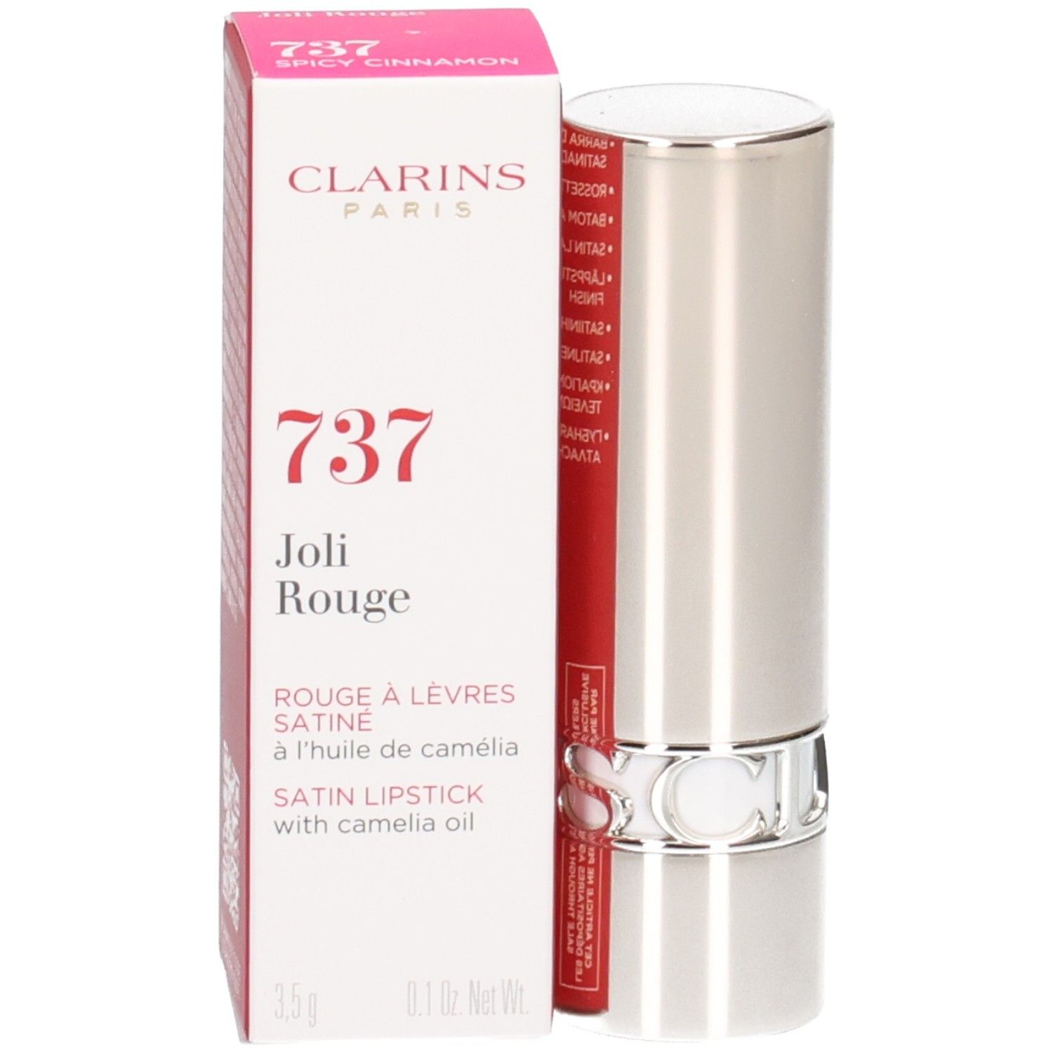 Clarins Joli Rouge Lippenstift, Farbe 737 Spicy Cinnamon, in silberner Hülse mit Verpackung.
