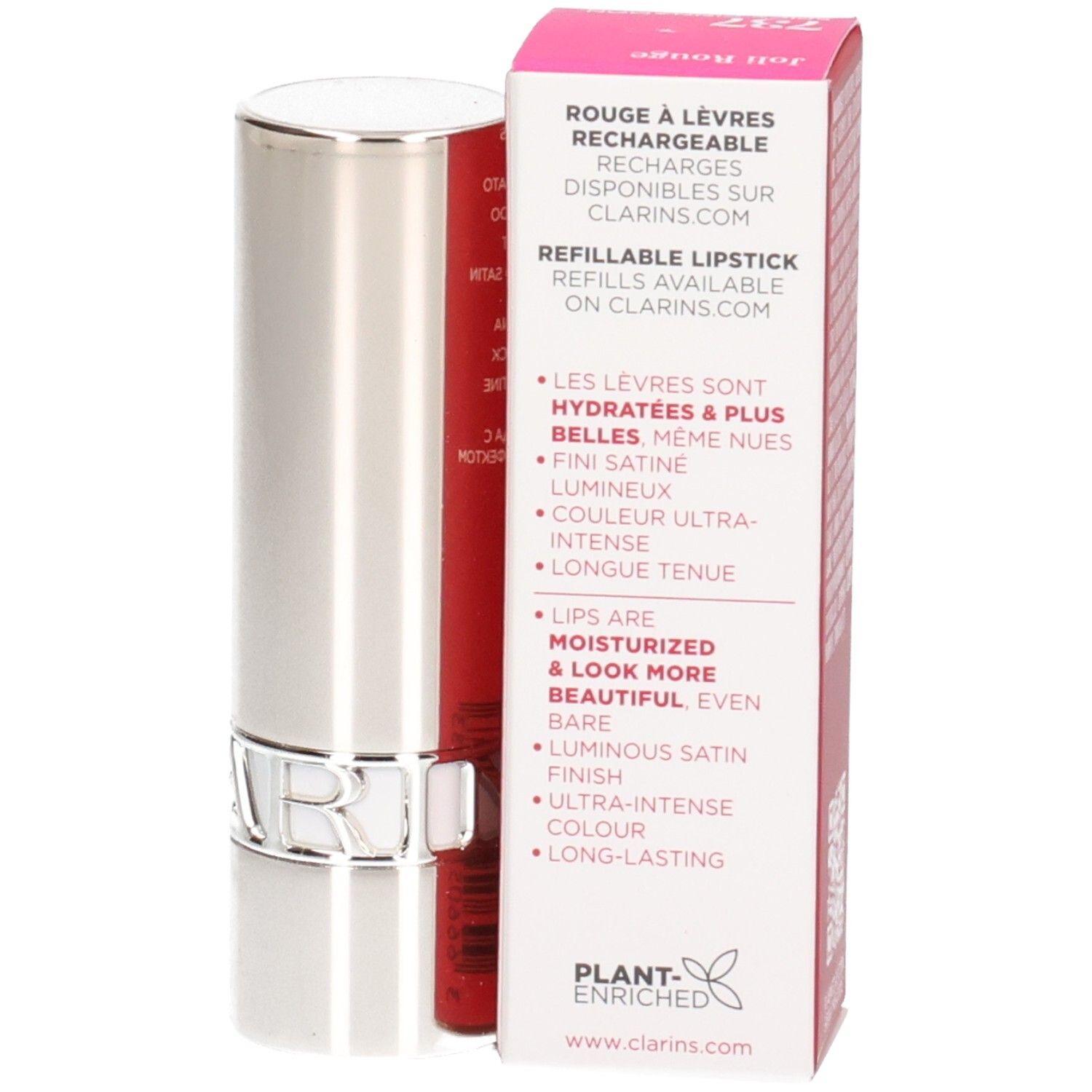 Silberner Lippenstifttiegel neben einer rosa Verpackung mit Produktinformationen.