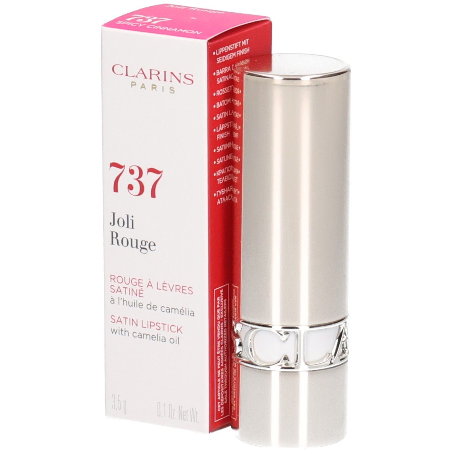 Clarins Joli Rouge Satin Lippenstift, Farbe 737, mit Kamelienöl. Silberner Behälter mit weißer und roter Verpackung.
