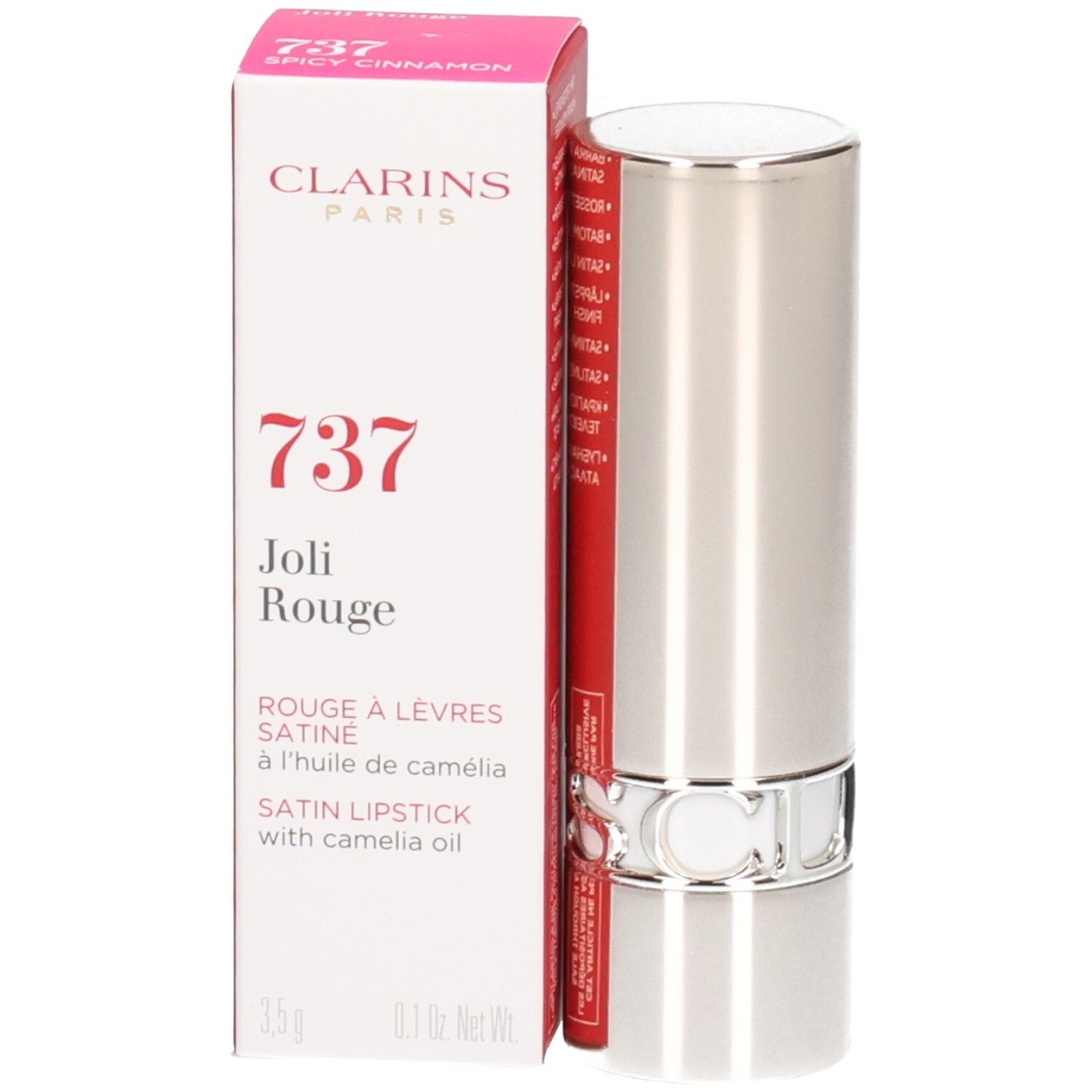 Clarins Joli Rouge Satin Lipstick, Farbe 737 Spicy Cinnamon, mit Kamelienöl.