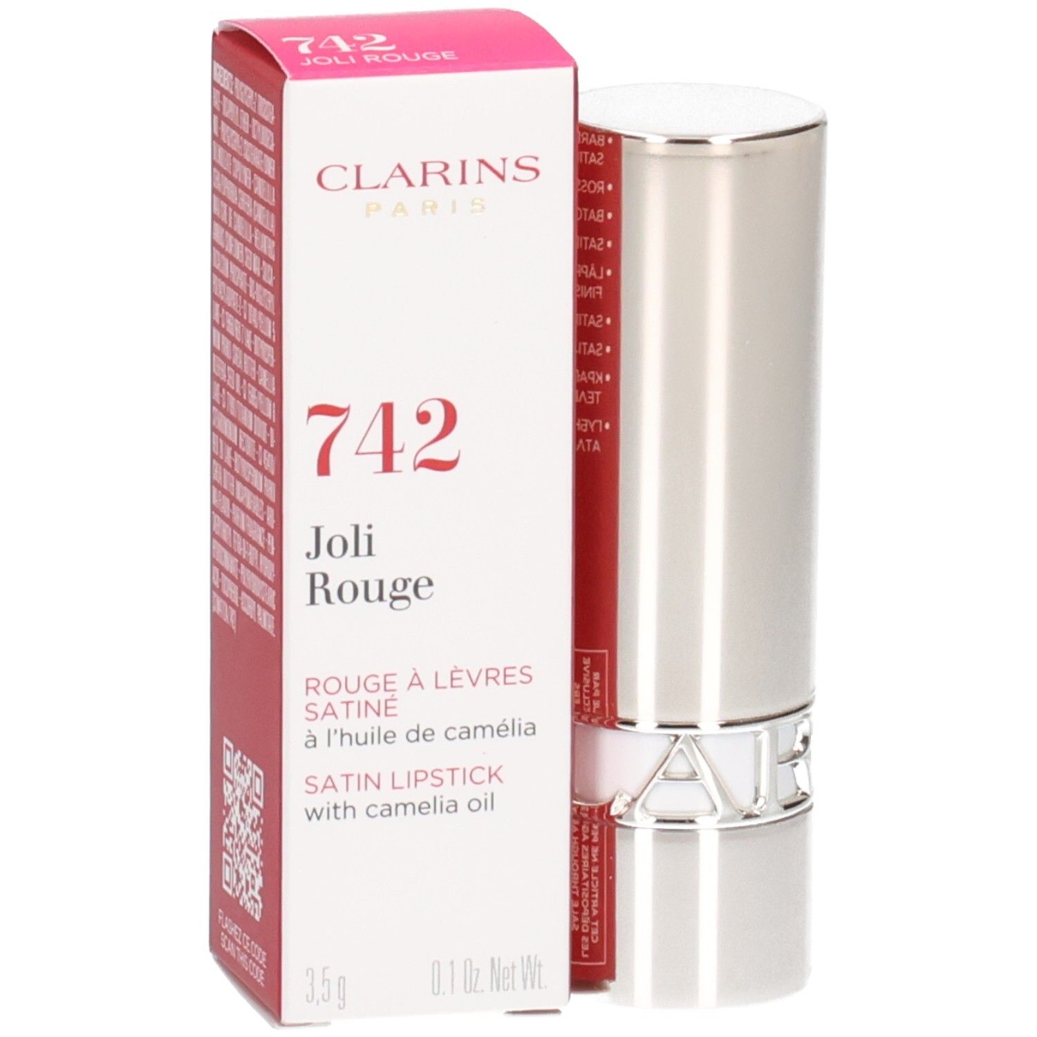 Clarins Joli Rouge Satin Lippenstift 742 in silberner Hülse mit roter Faltschachtel.