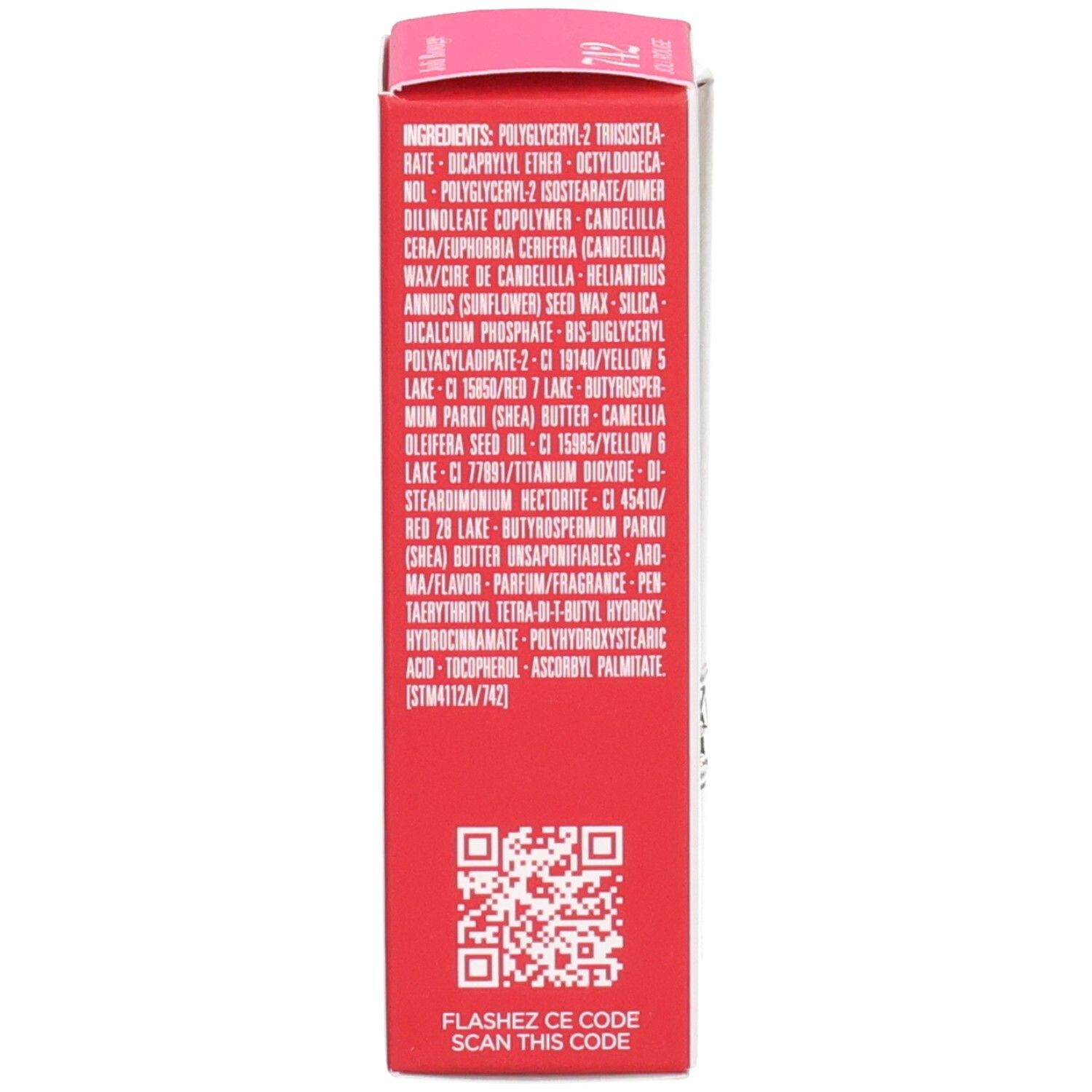 Rückseite der Clarins Joli Rouge Satin Lippenstiftverpackung 742 mit Inhaltsstoffen.