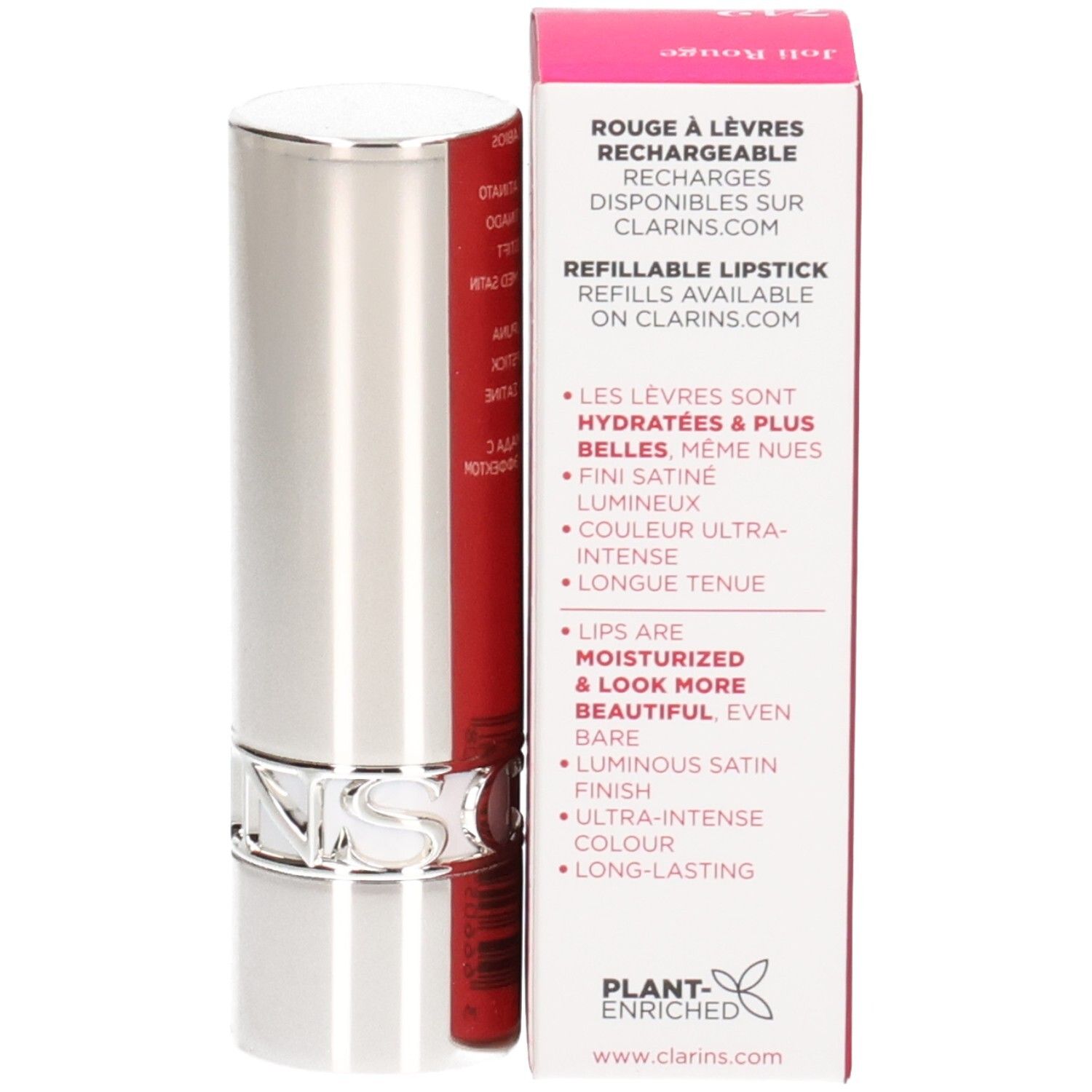 Clarins Joli Rouge Satin Lippenstift 742, nachfüllbar, silberner Hülse, rote Verpackung.