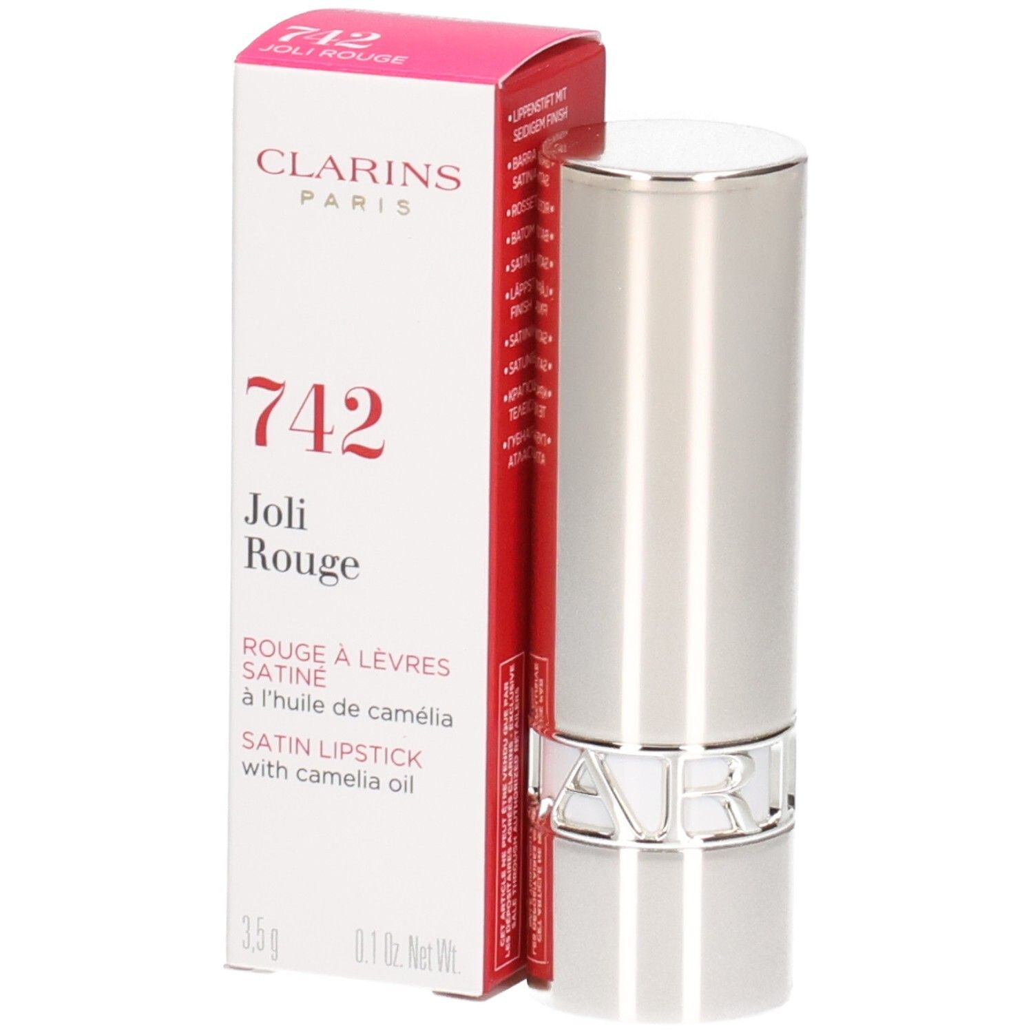 Clarins Joli Rouge Satin Lippenstift 742 in silberner Hülse mit roter Faltschachtel.