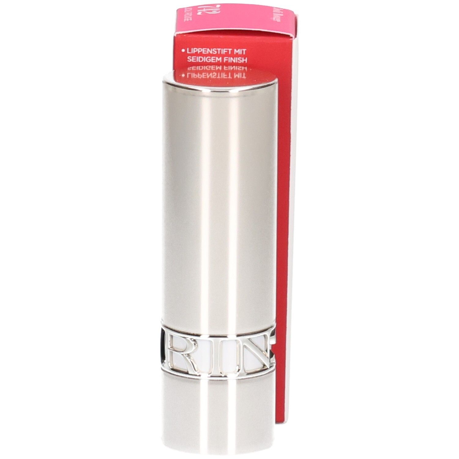 Clarins Joli Rouge Satin Lippenstift 742, silberne Hülse, rote Verpackung, Rückseite.