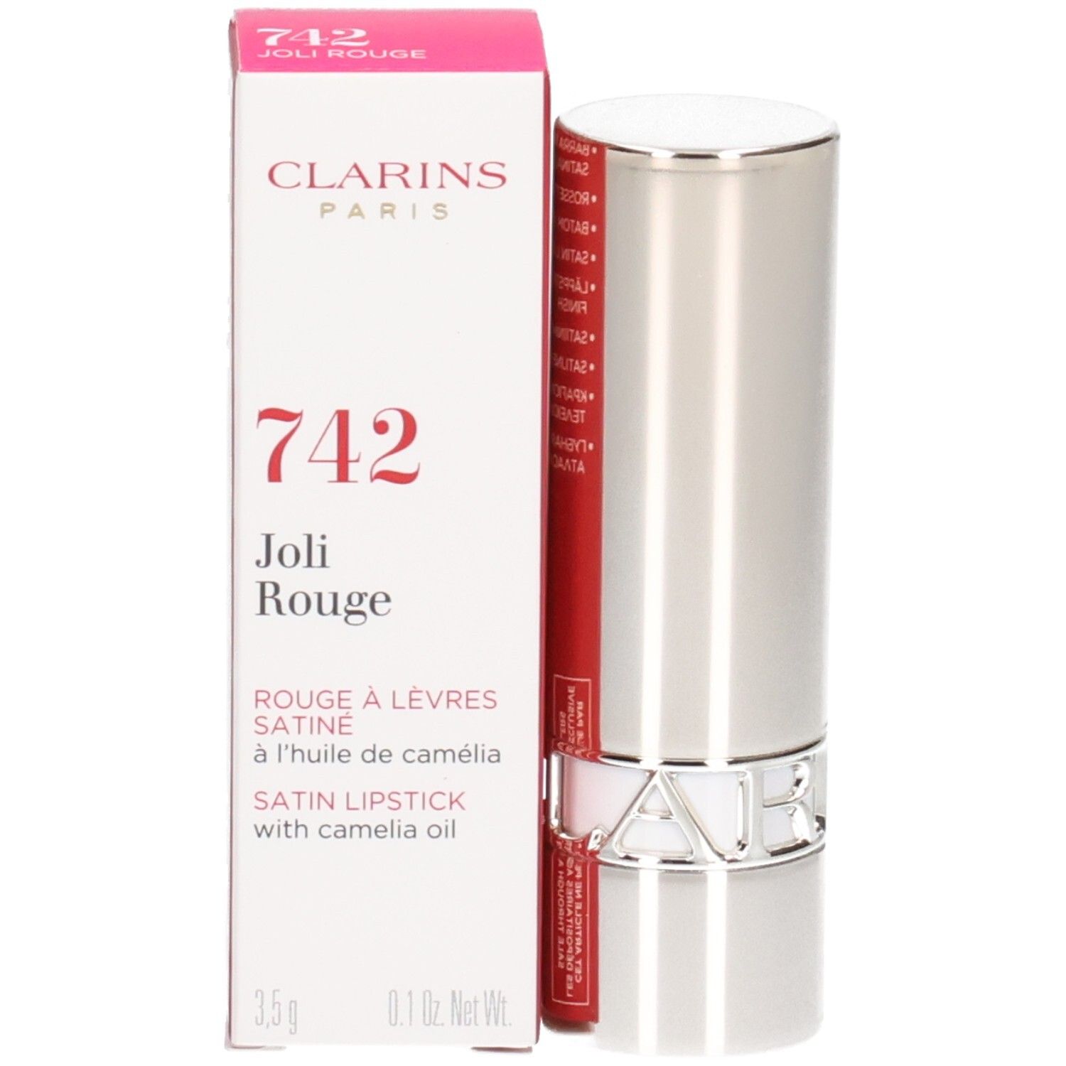 Clarins Joli Rouge Satin Lippenstift 742 in silberner Hülse mit roter Faltschachtel.