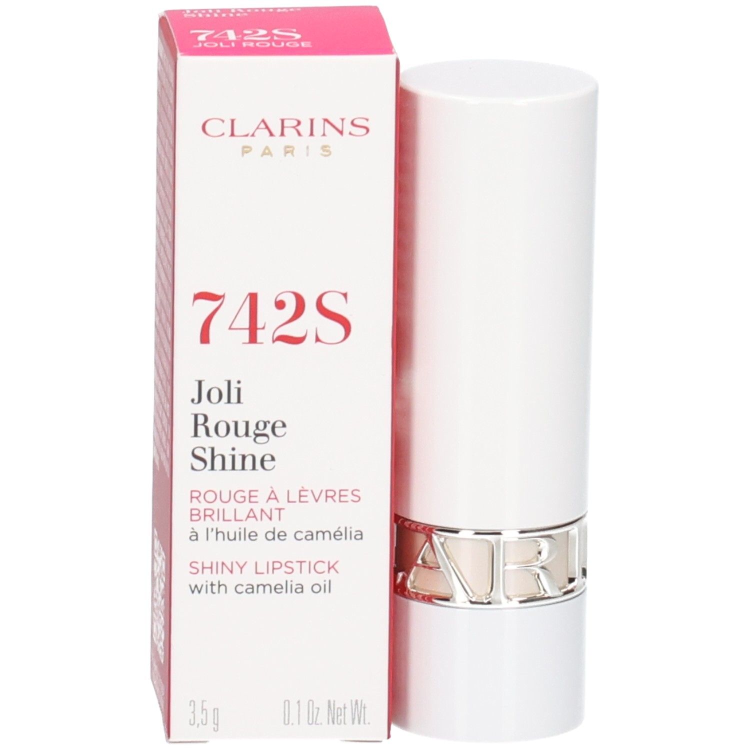 Clarins Joli Rouge Shine Lippenstift 742S in weißer Hülse mit silbernem Ring, neben der Verpackung.