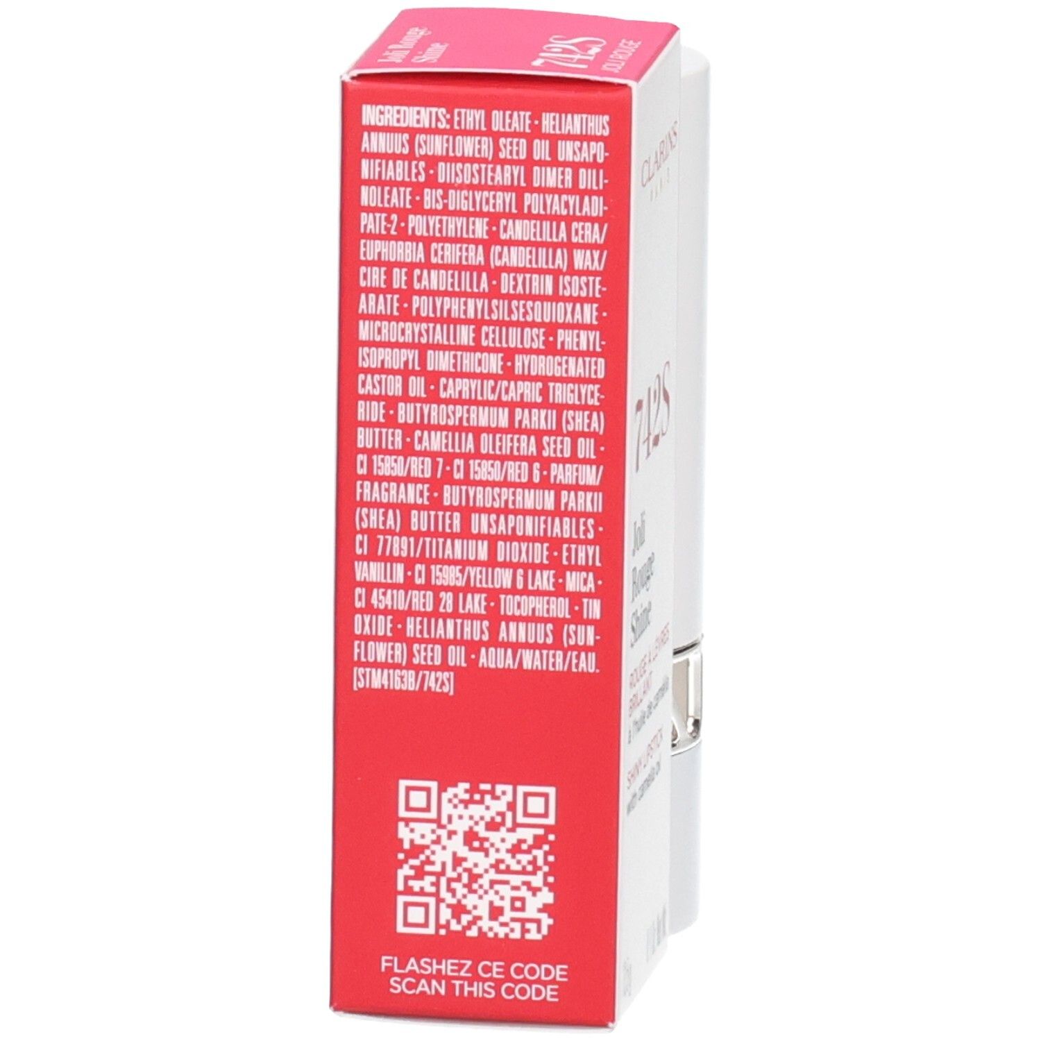 Rückseite der Clarins Joli Rouge Shine 742S Verpackung mit Inhaltsstoffen und QR-Code.