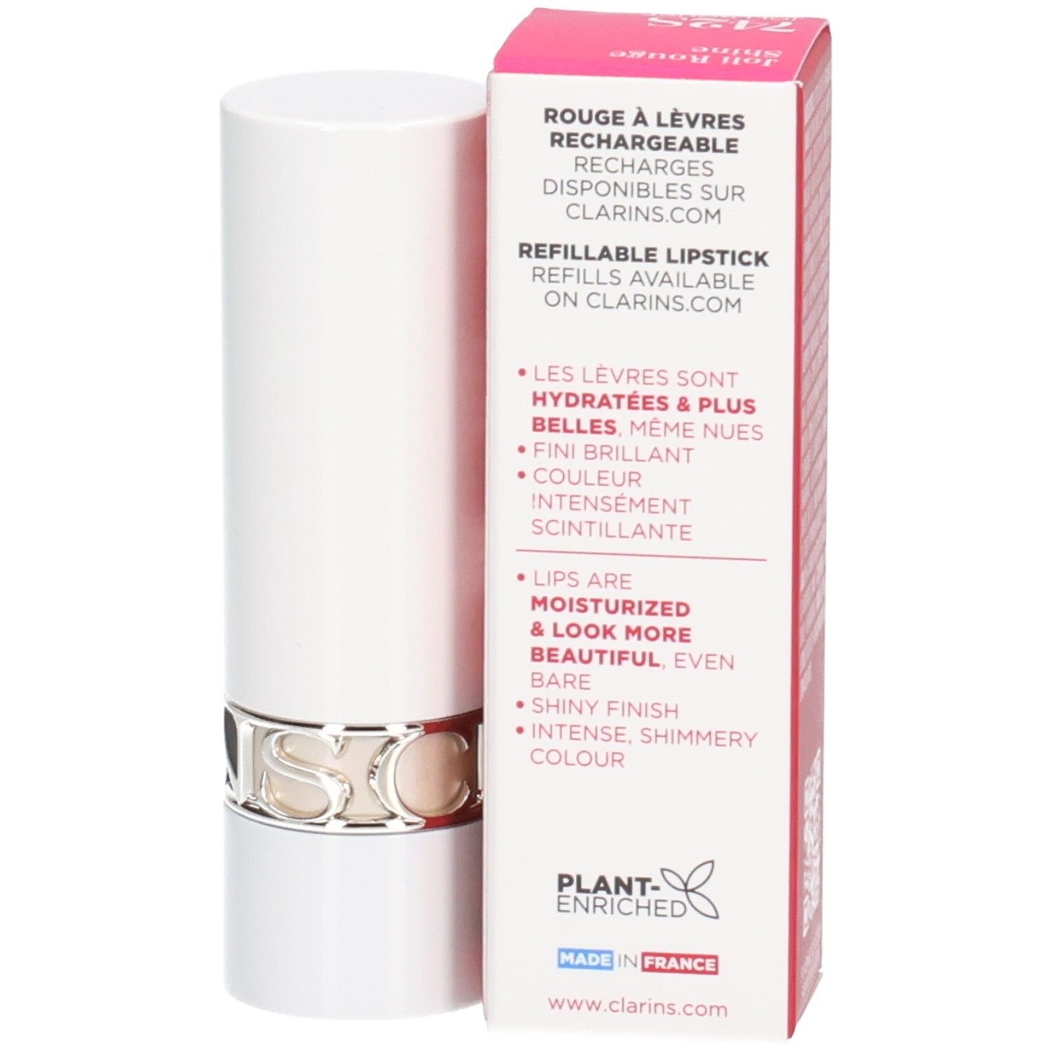 Clarins Joli Rouge Shine Lippenstift 742S in weißer Hülse mit silbernem Ring, neben der Verpackung.