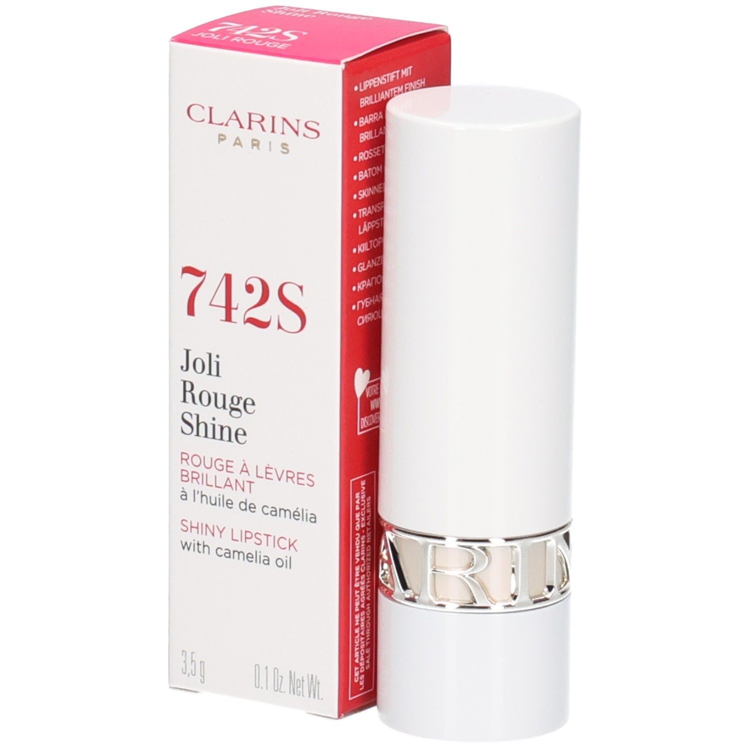 Clarins Joli Rouge Shine Lippenstift 742S in weißer Hülse mit silbernem Ring, neben der Verpackung.