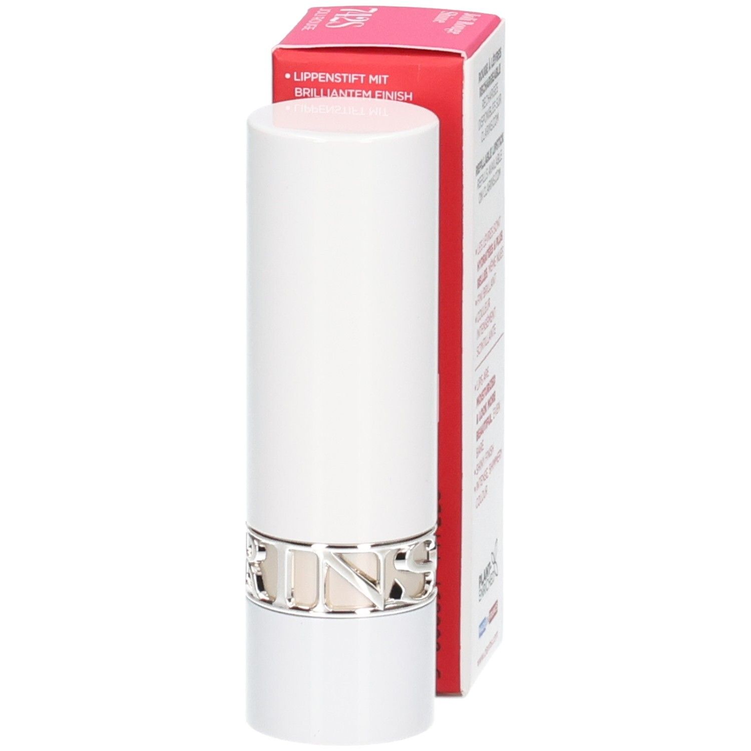 Clarins Joli Rouge Shine Lippenstift 742S in weißer Hülse mit silbernem Ring, neben der Verpackung.