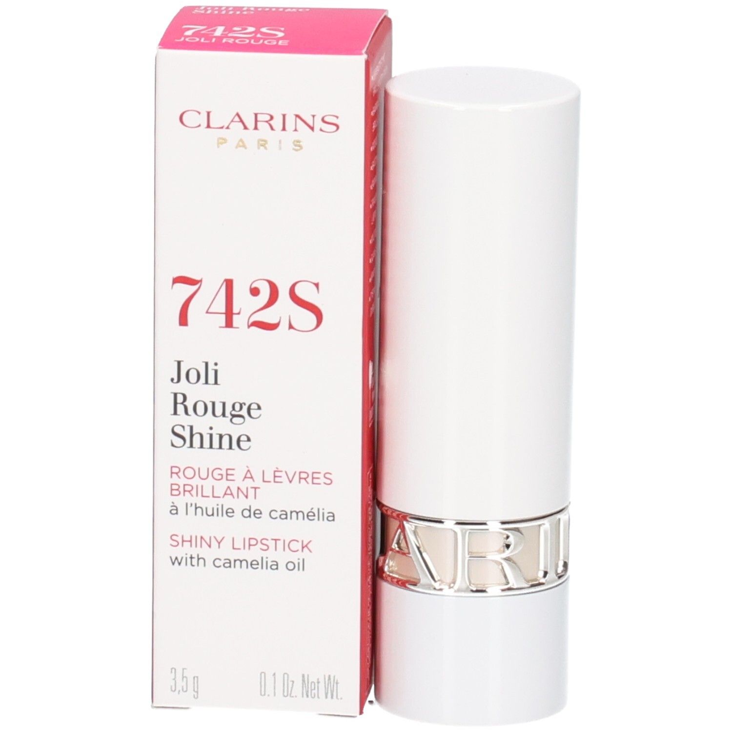 Clarins Joli Rouge Shine Lippenstift 742S in weißer Hülse mit silbernem Ring, neben der Verpackung.
