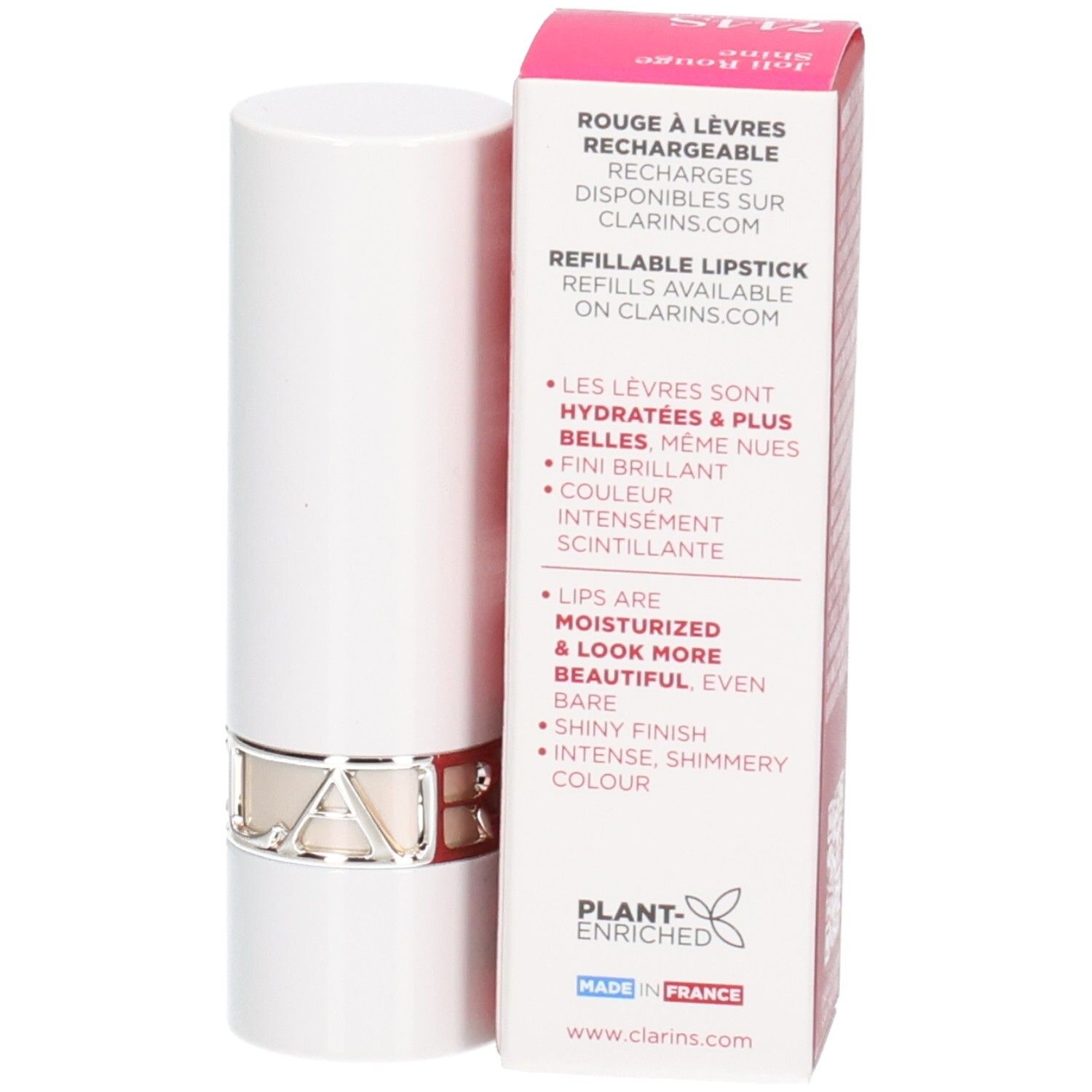 Weißer Lippenstift mit silbernem Ring und Verpackung. "Plant-Enriched" und "Made in France" sind sichtbar.