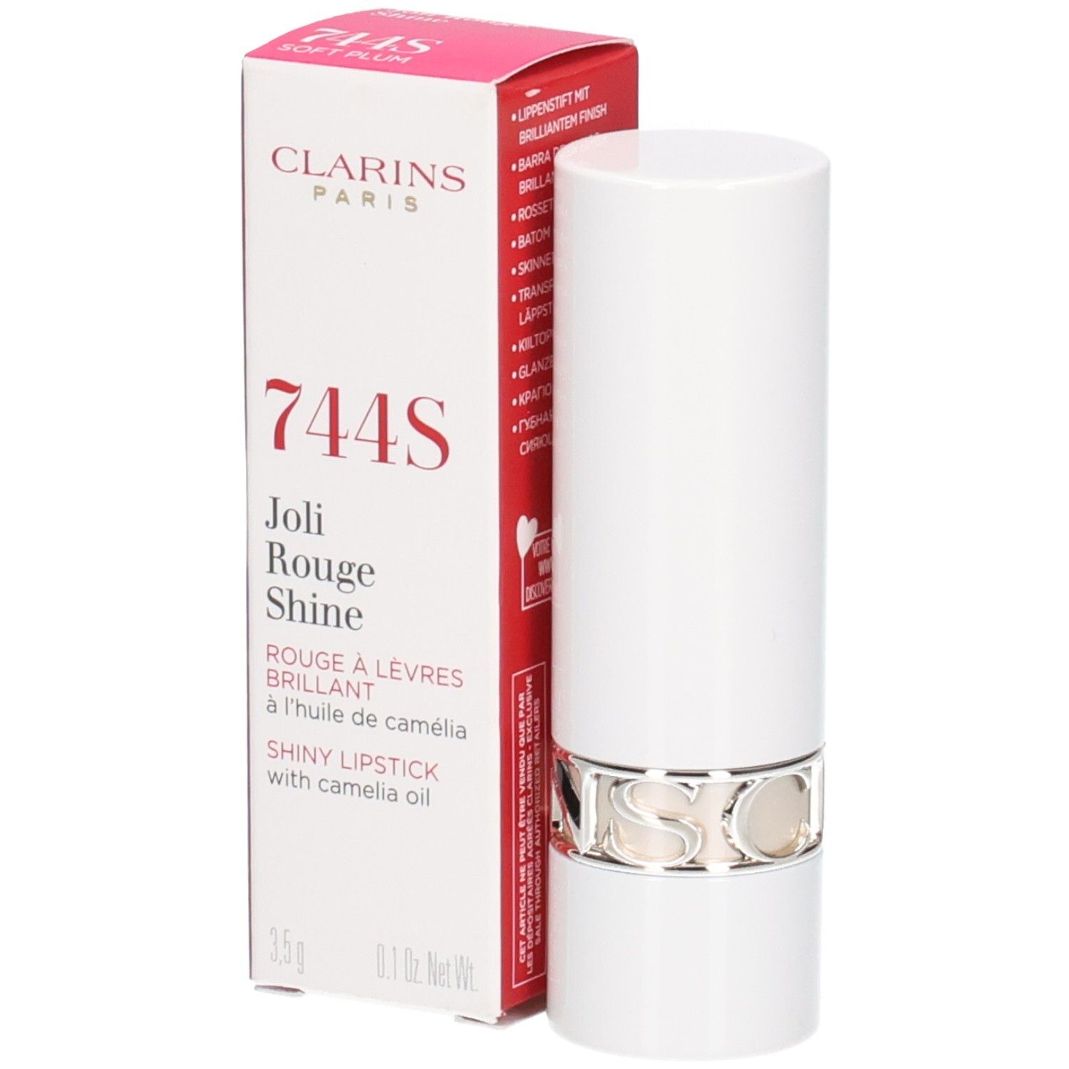 Clarins Joli Rouge Shine Lippenstift in weißem Gehäuse mit silbernem Ring.