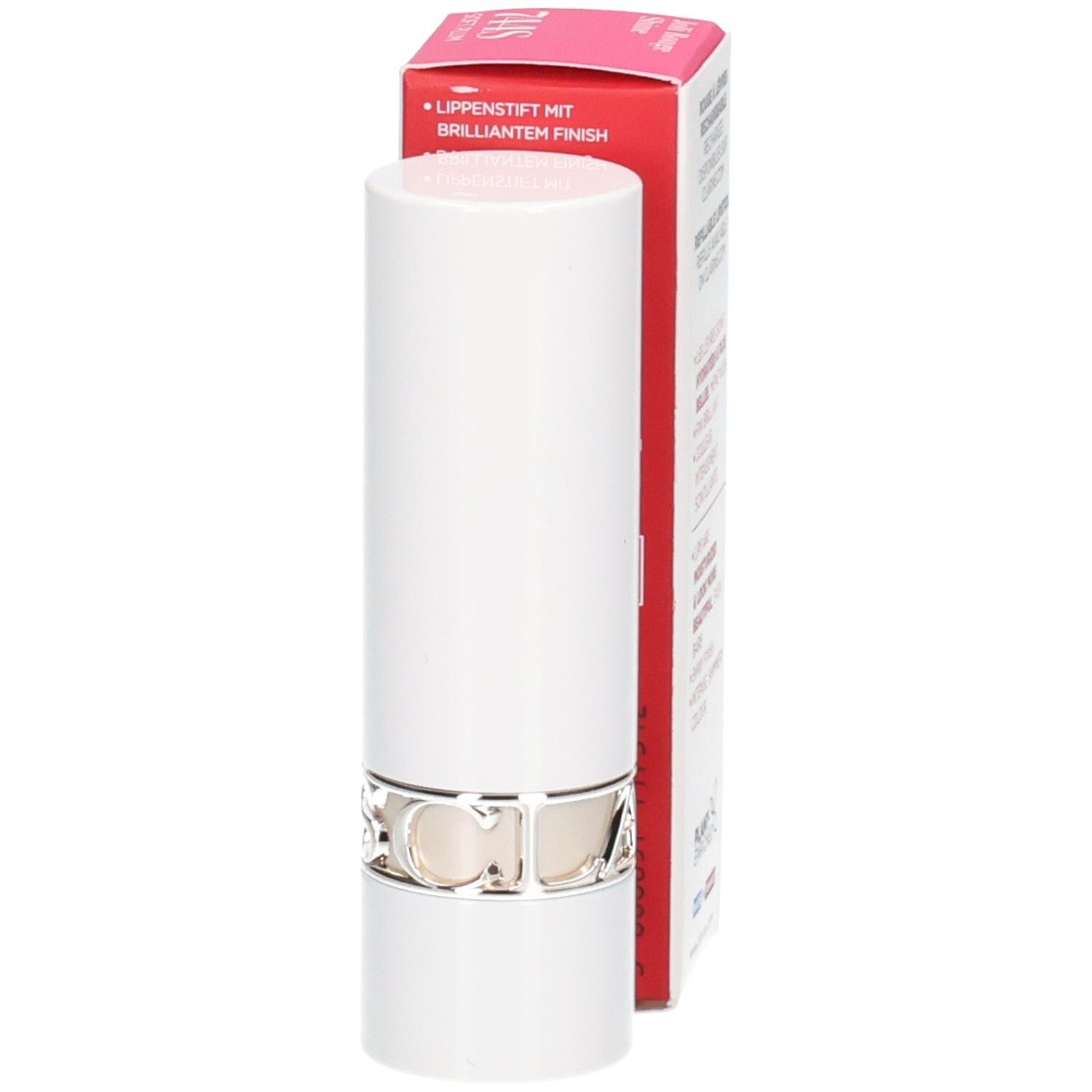 Weißer Lippenstift mit silbernem Ring und roter Verpackung. Text auf Verpackung: "LIPPENSTIFT HIT BRILLIANTEM FINISH".