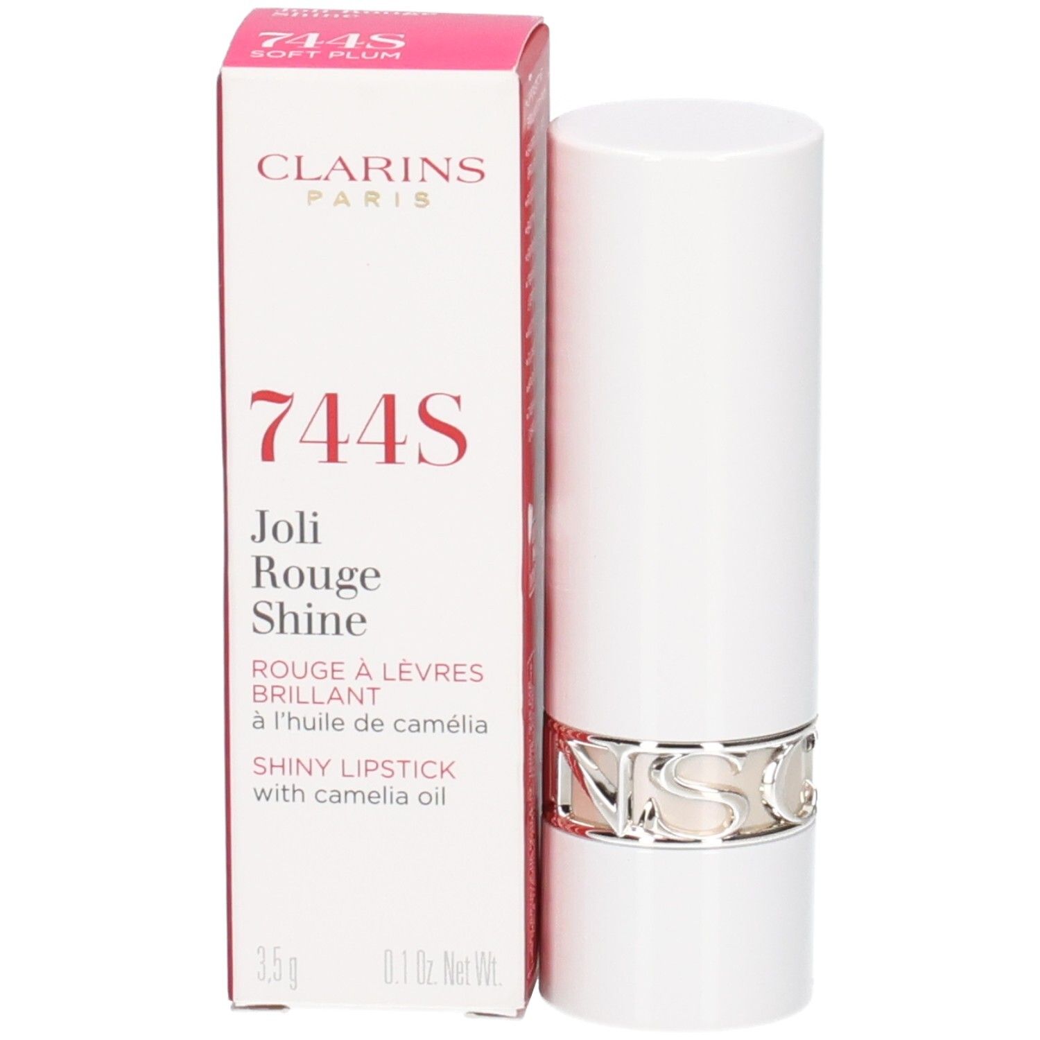 Clarins Joli Rouge Shine Lippenstift, Farbe 744S Soft Plum, mit Kamelienöl. Weiße Hülse mit silbernem Ring.