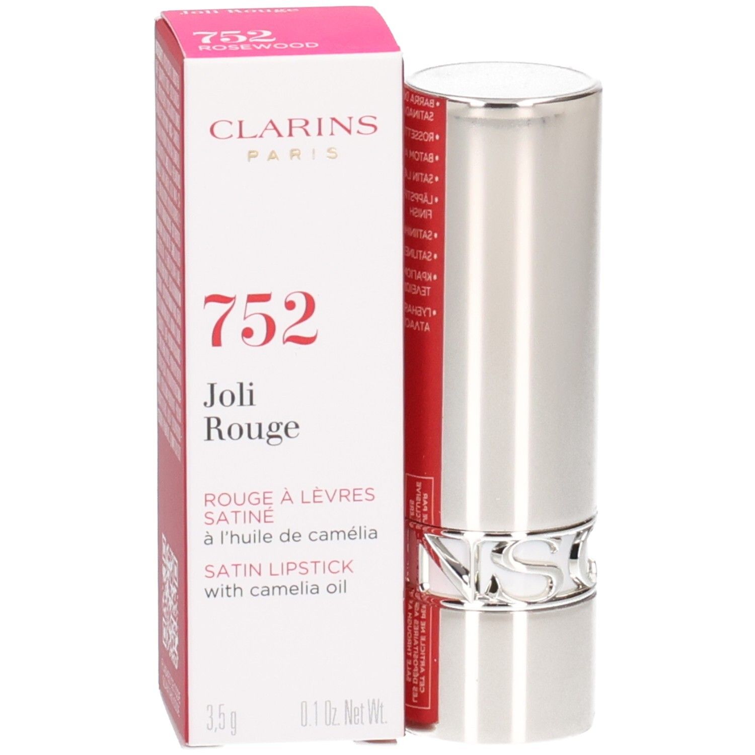 Clarins Joli Rouge Lippenstift 752 Rosewood in silberner Hülse und roter Faltschachtel.