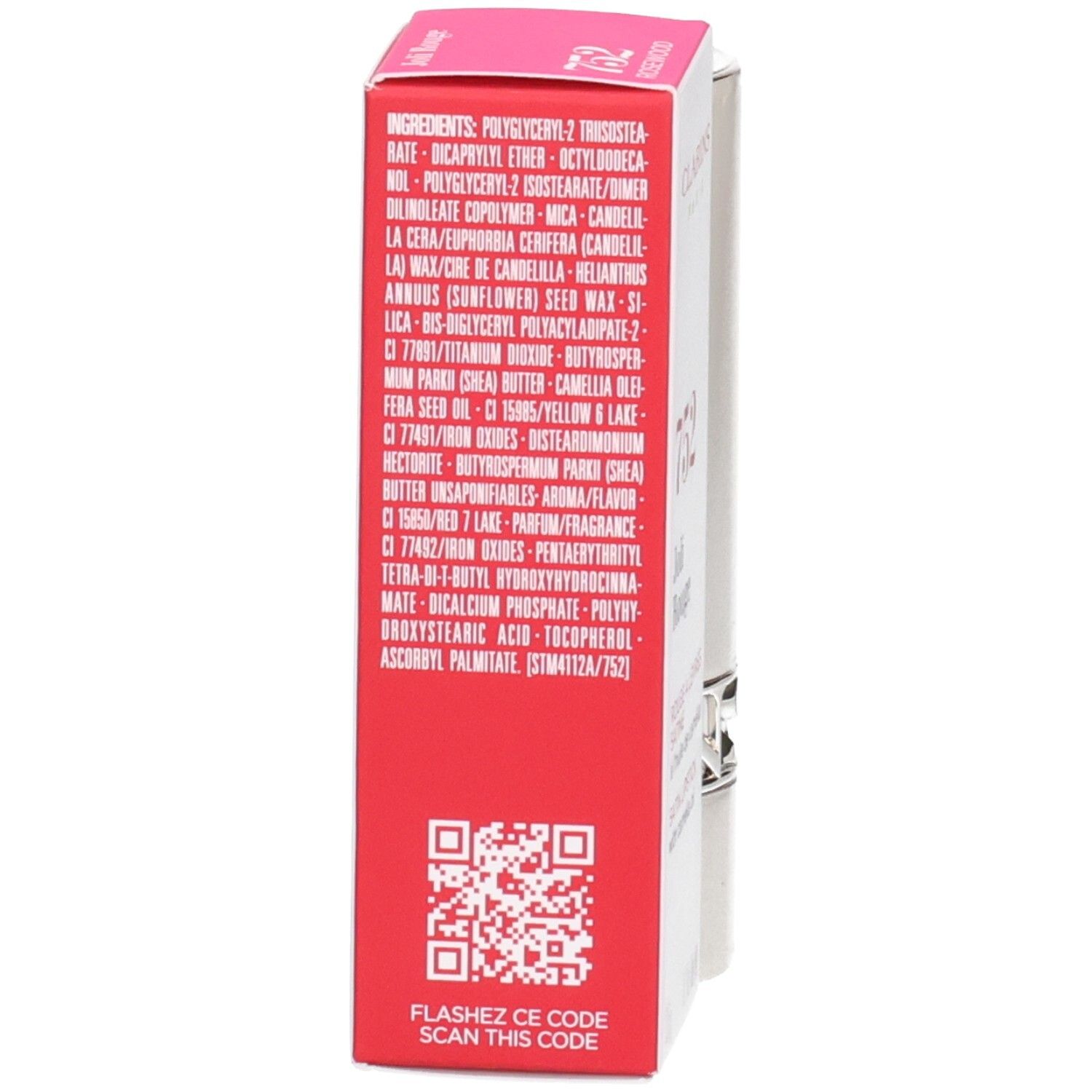 Rückseite der Clarins Joli Rouge Lippenstiftverpackung mit Inhaltsstoffen und QR-Code.