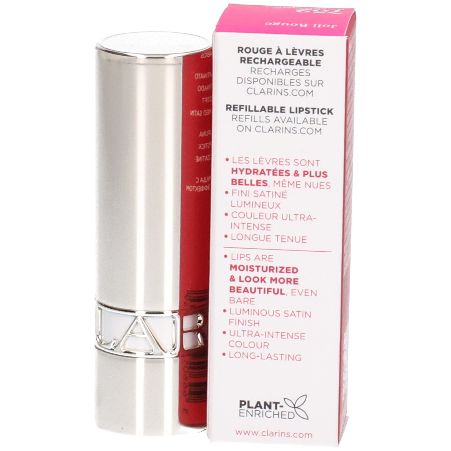 Clarins Joli Rouge nachfüllbarer Lippenstift in silberner Hülse, mit Faltschachtel.
