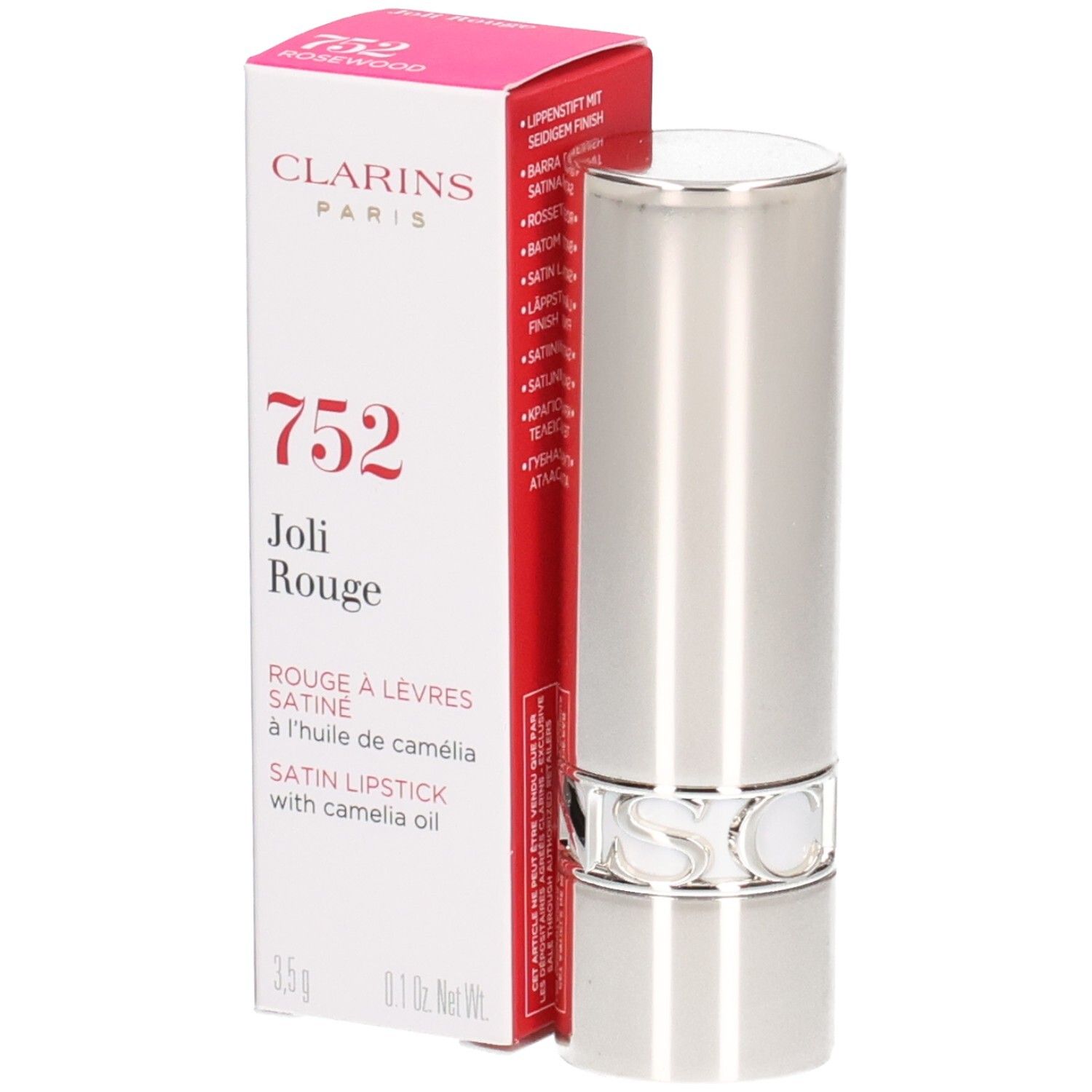 Clarins Joli Rouge Lippenstift 752 Rosewood, silberne Hülse und rote Faltschachtel.