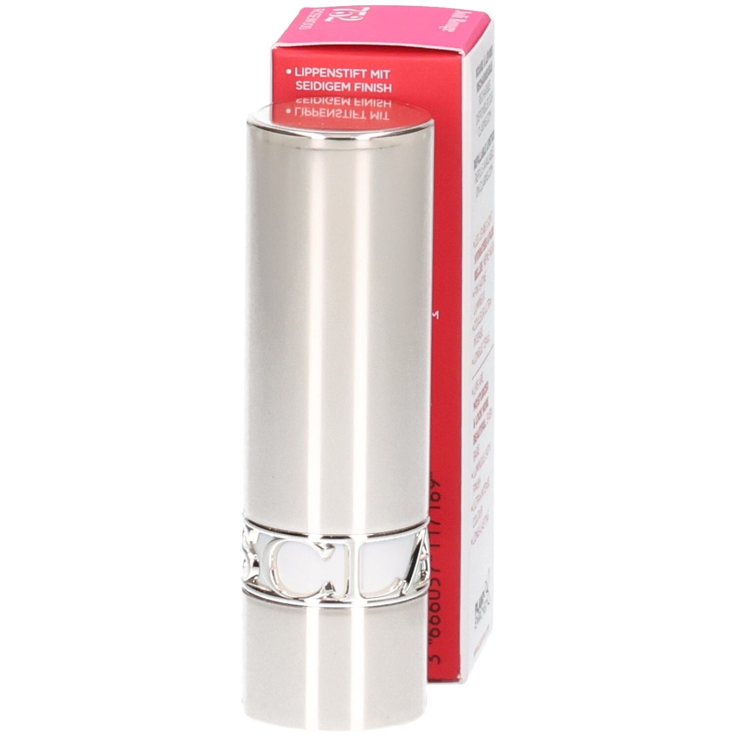 Clarins Joli Rouge Lippenstift in silberner Hülse, mit roter Faltschachtel.