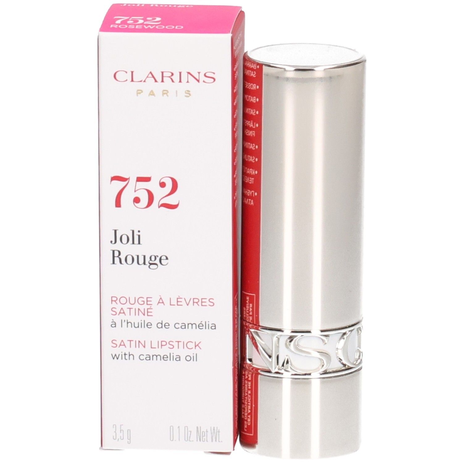 Clarins Joli Rouge Lippenstift 752 Rosewood, silberne Hülse und rote Faltschachtel.