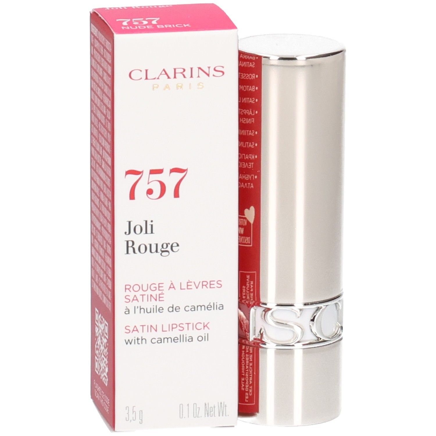 Clarins Joli Rouge Satin Lippenstift 757 in silberner Hülse mit Faltschachtel.