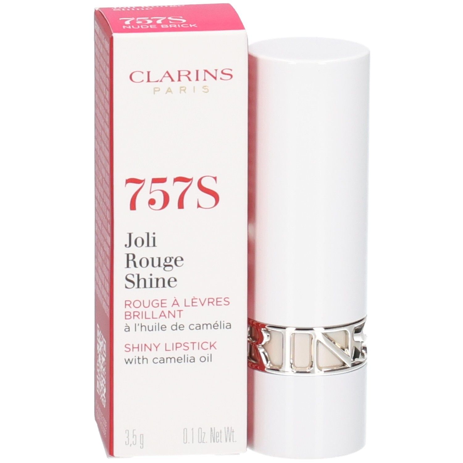 Clarins Joli Rouge Shine Lippenstift in weißem Gehäuse mit silbernem Ring. Kartonverpackung mit Produktinformationen.