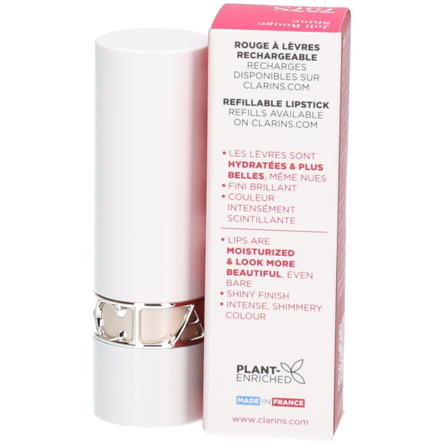 Weißer Lippenstift mit silbernem Ring und Verpackung. Enthält Text über feuchtigkeitsspendende Lippen und Glanz.
