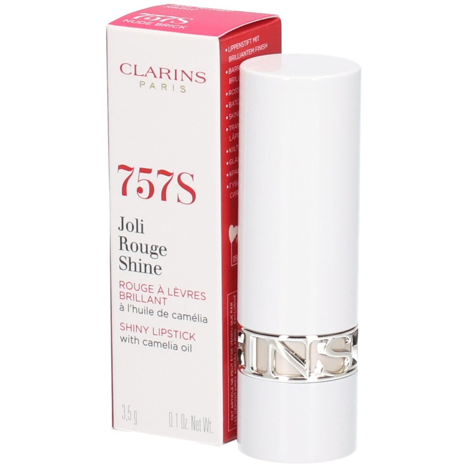 Clarins Joli Rouge Shine Lippenstift in weißer Hülse mit silbernem Ring. Kartonverpackung mit Produktinformationen.