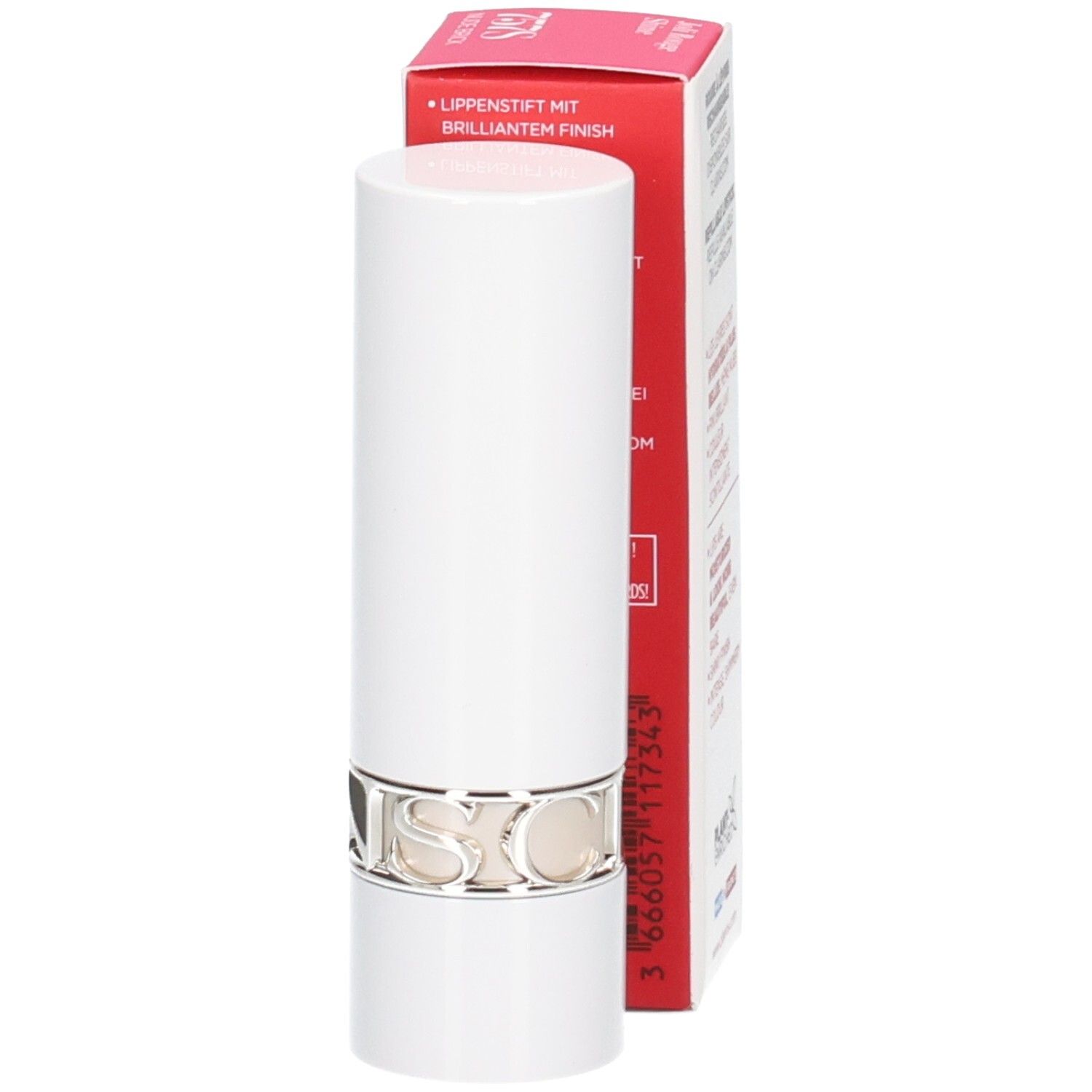 Weißer Lippenstift mit silbernem Ring und roter Verpackung. Text auf Verpackung: Lippenstift mit brillantem Finish.